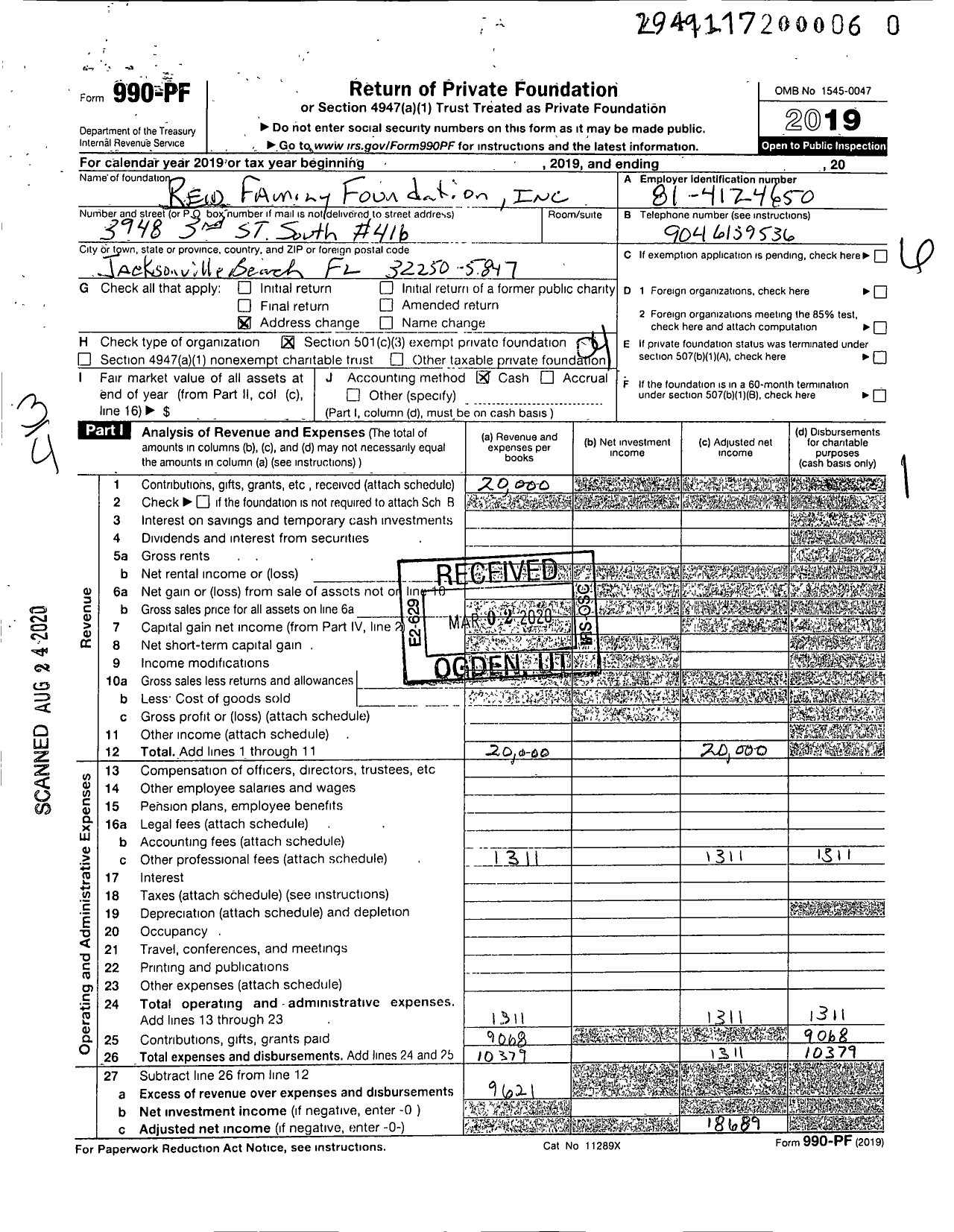 Image of first page of 2019 Form 990PR for Reid Family Foundation