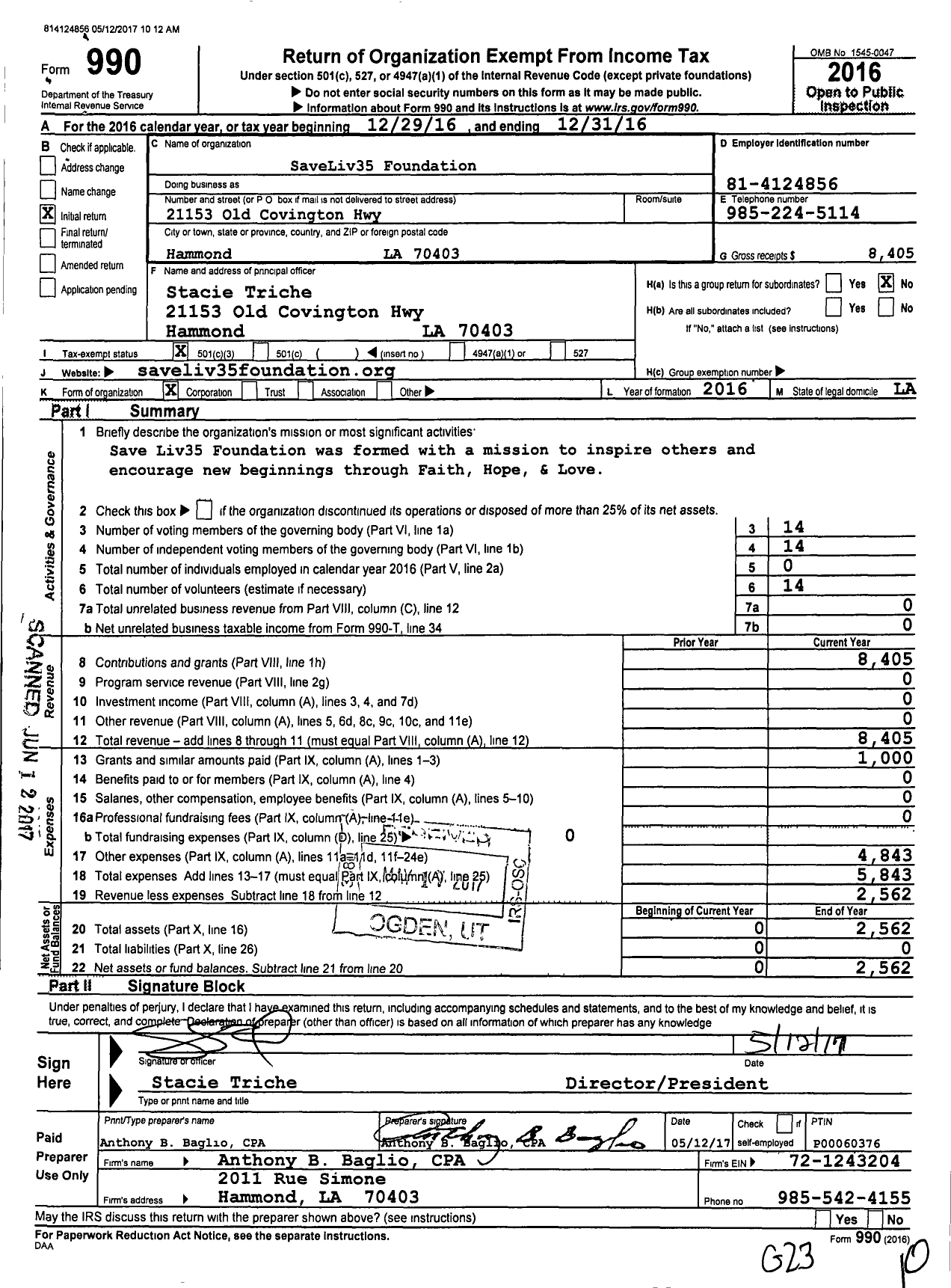 Image of first page of 2016 Form 990 for Save Liv35