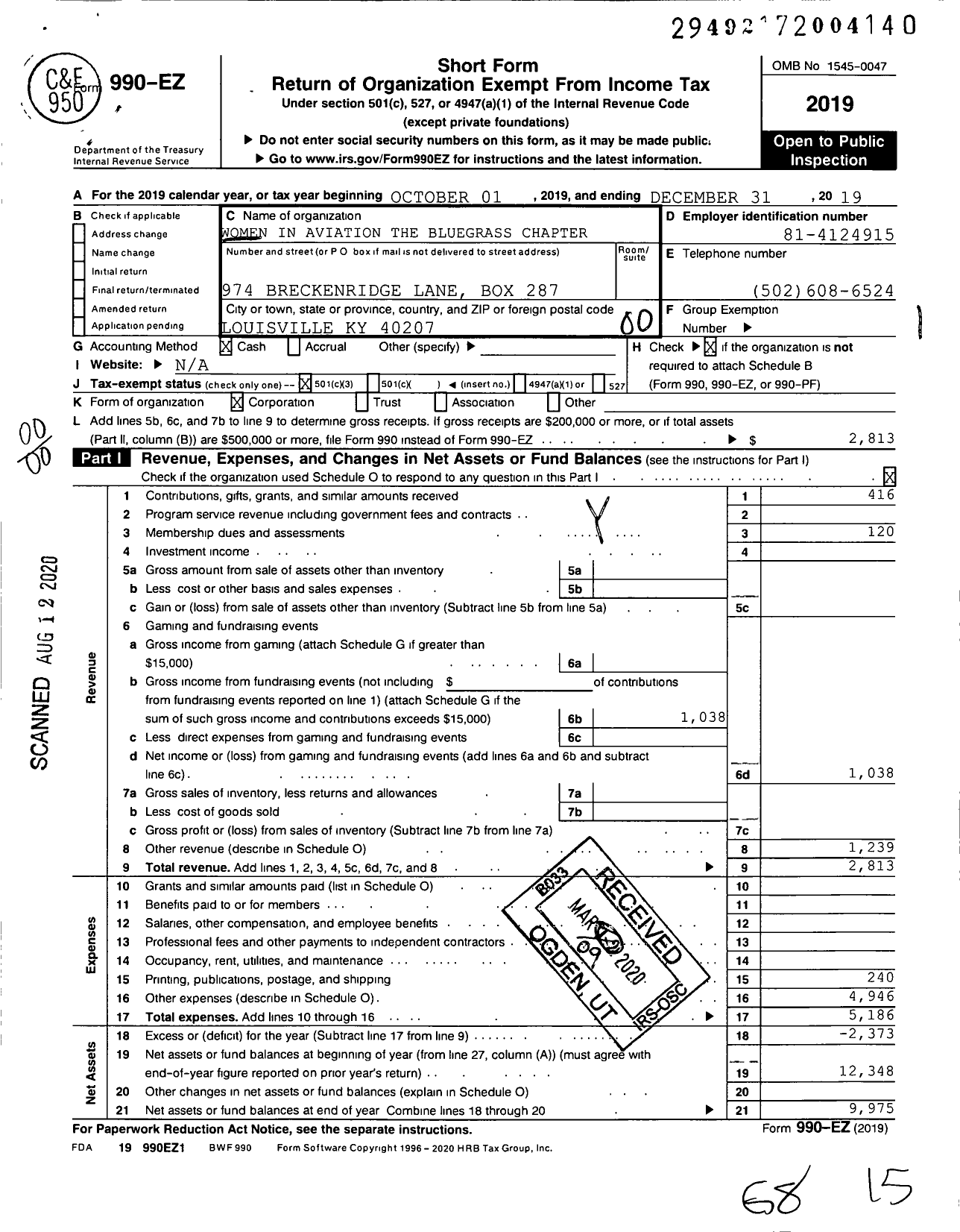 Image of first page of 2019 Form 990EO for Women in Aviation International / Bluegrass