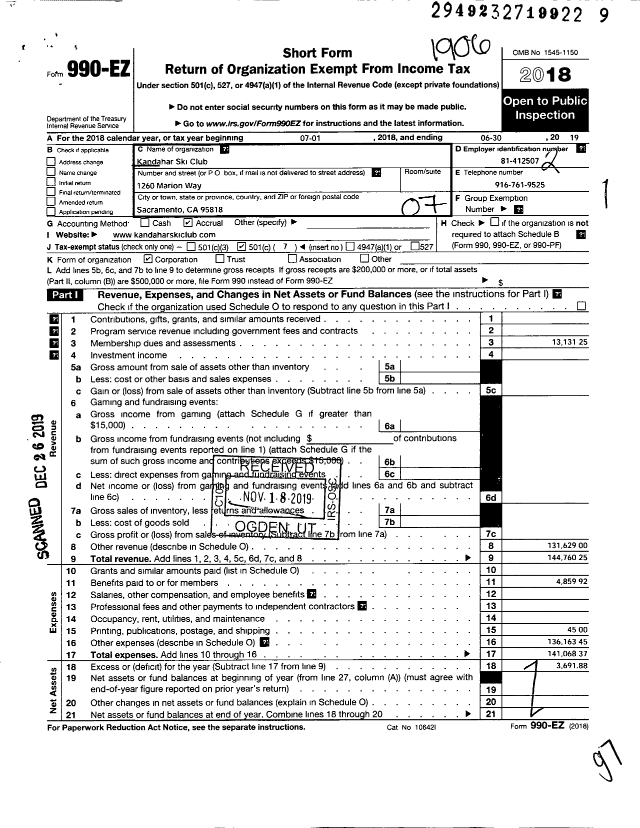 Image of first page of 2018 Form 990EO for Kandahar Ski Club