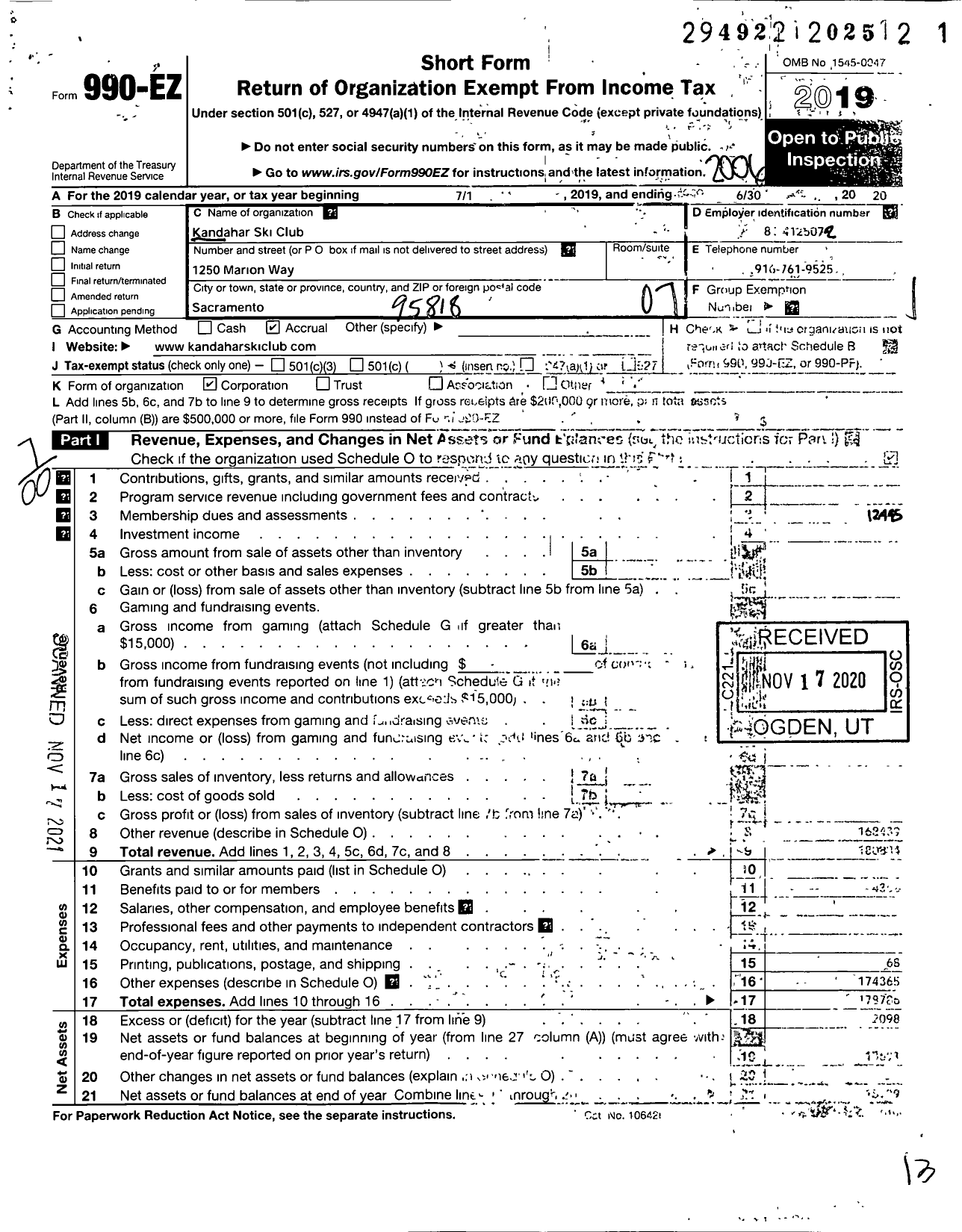 Image of first page of 2019 Form 990EO for Kandahar Ski Club