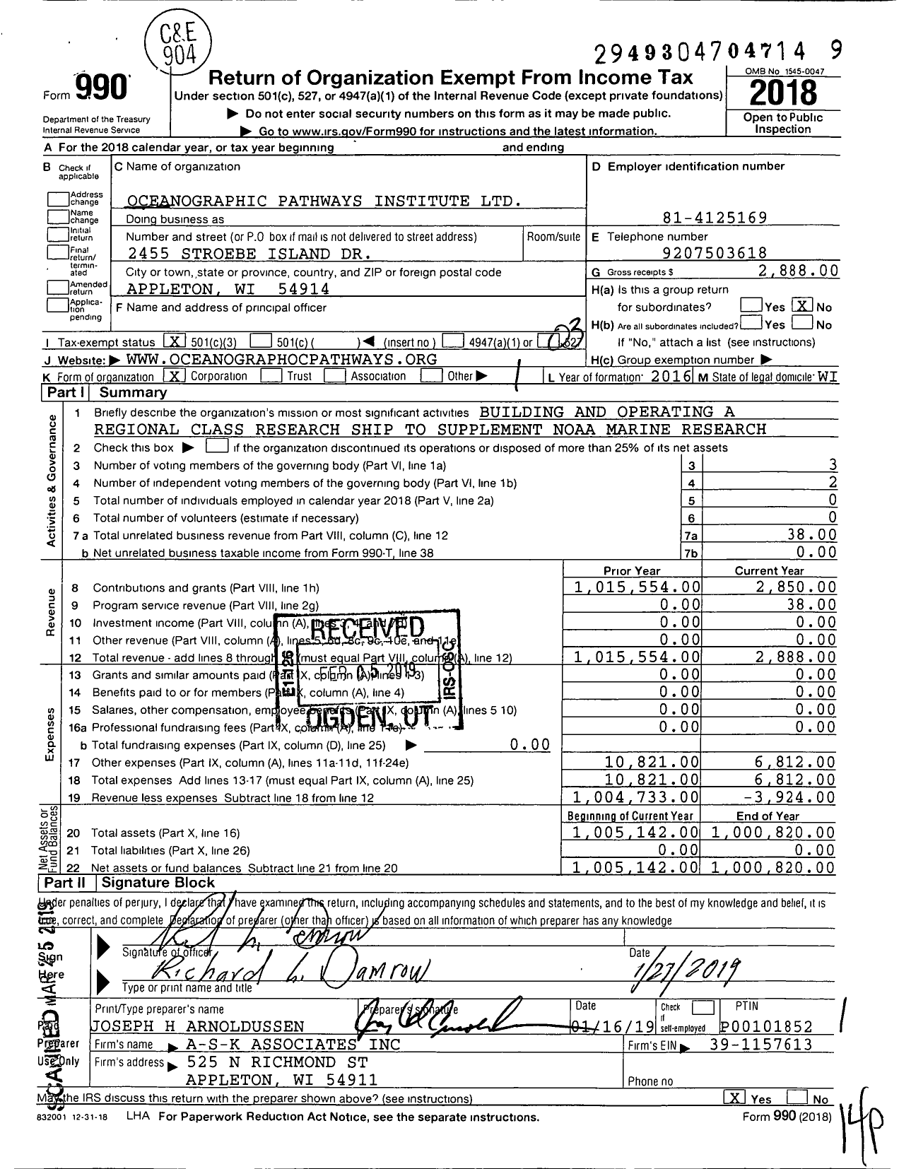 Image of first page of 2018 Form 990 for Oceanographic Pathways Institute