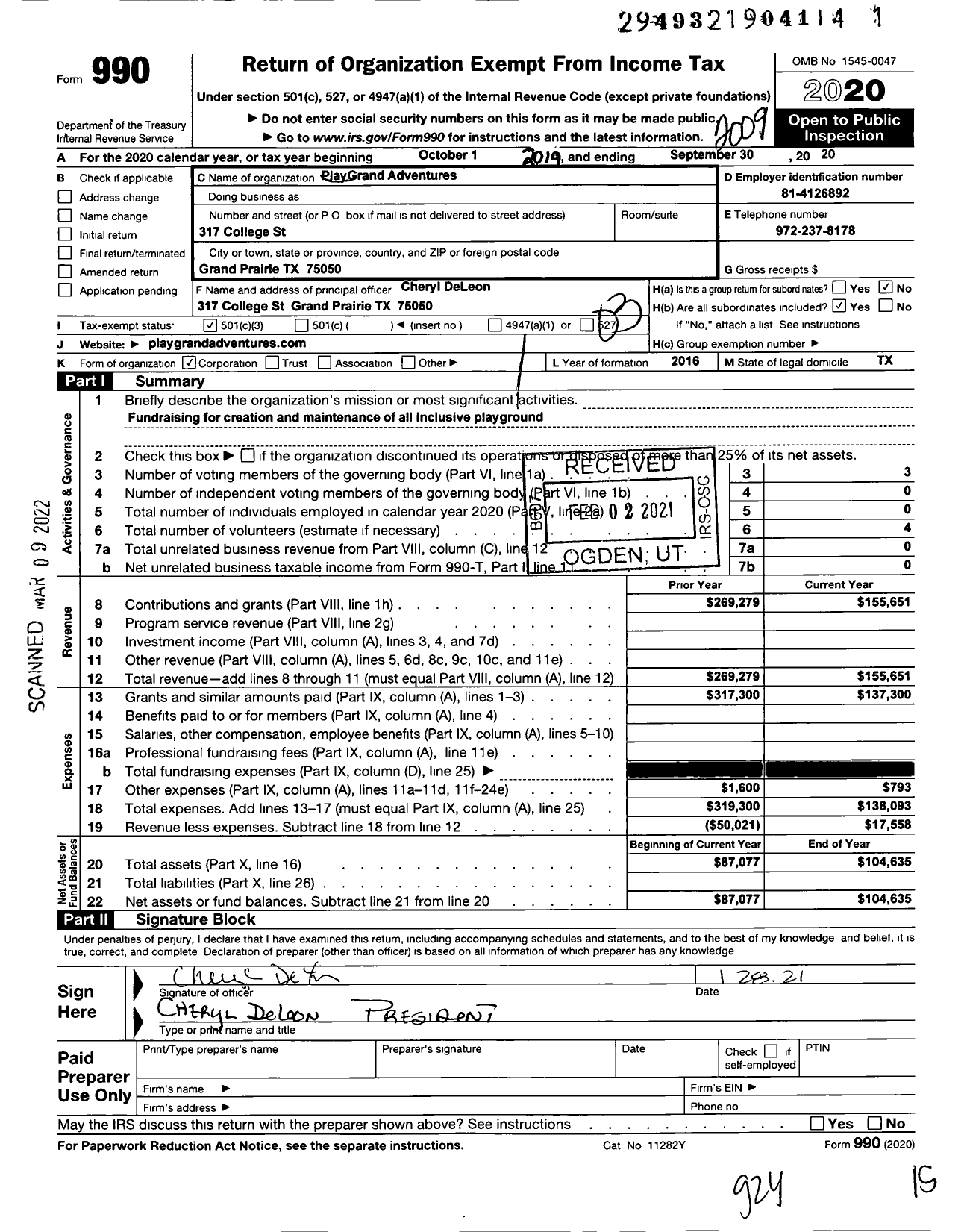 Image of first page of 2019 Form 990 for Playgrand Adventures