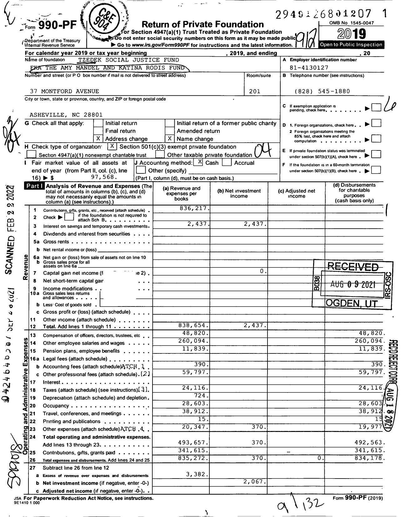 Image of first page of 2019 Form 990PF for Tzedek Social Justice Fund