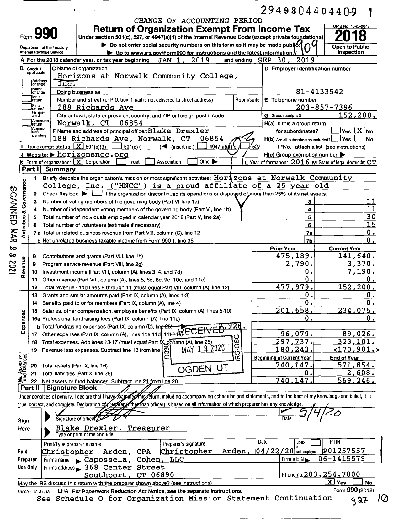 Image of first page of 2018 Form 990 for Horizons at Norwalk Community College