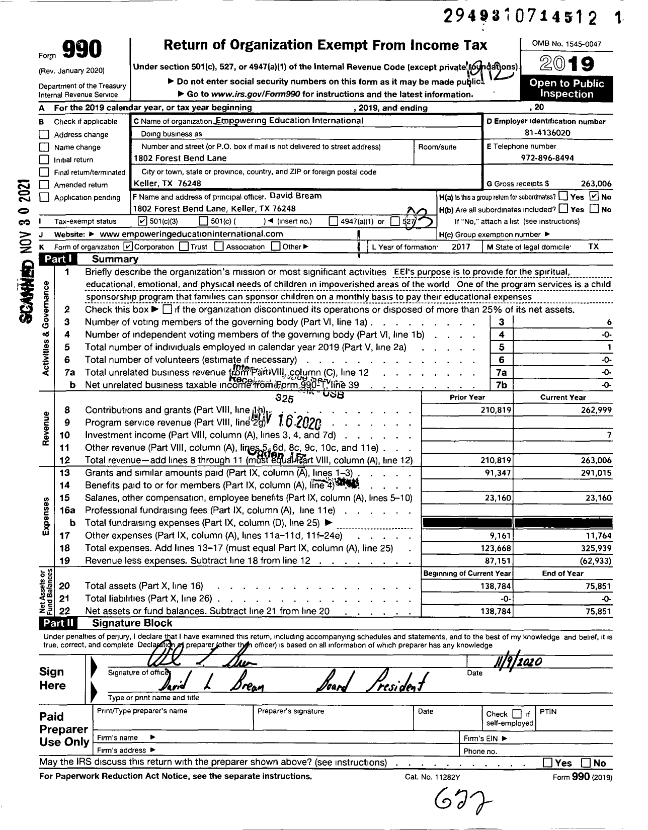 Image of first page of 2019 Form 990 for Empowering Education International