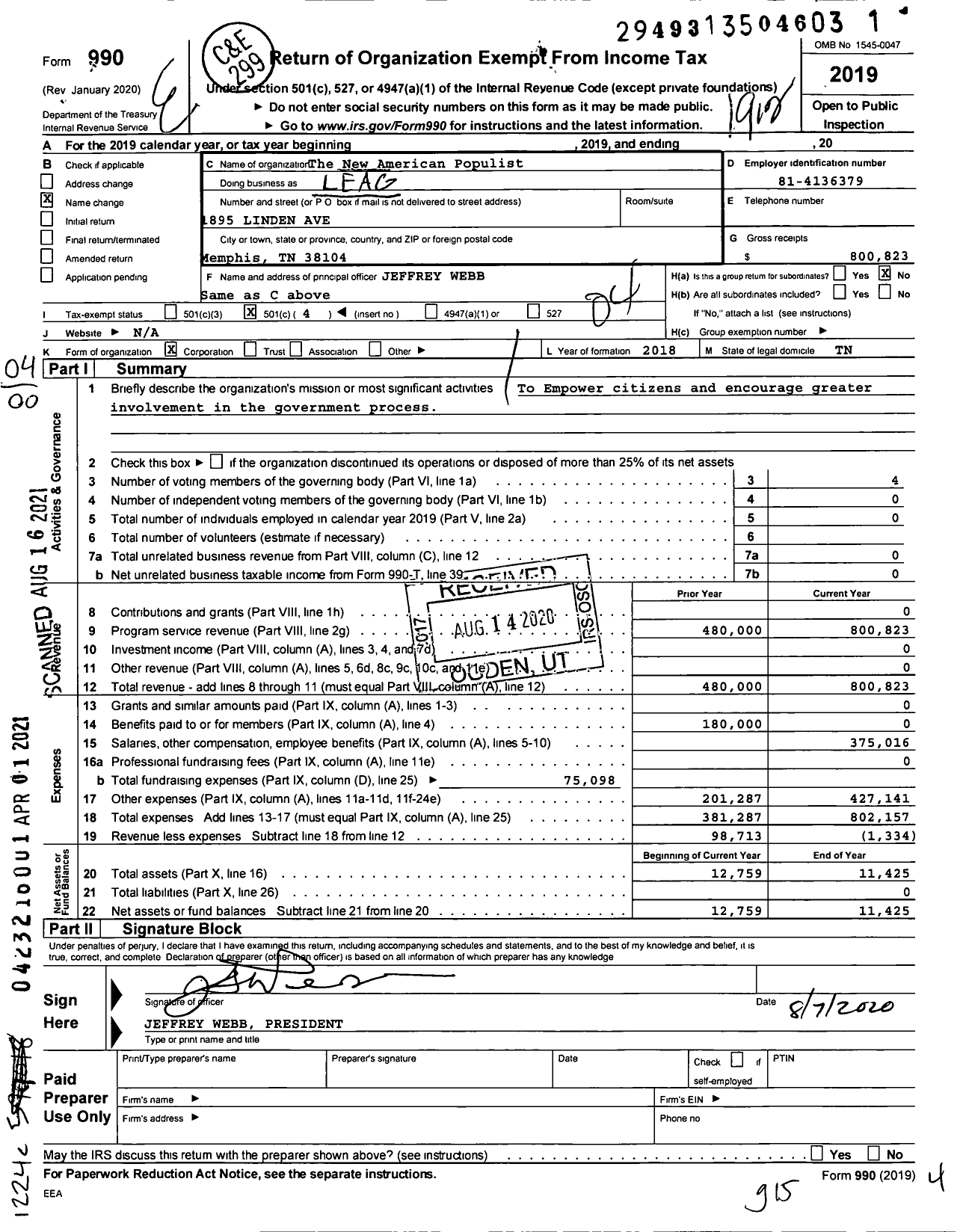 Image of first page of 2019 Form 990O for The New American Populist