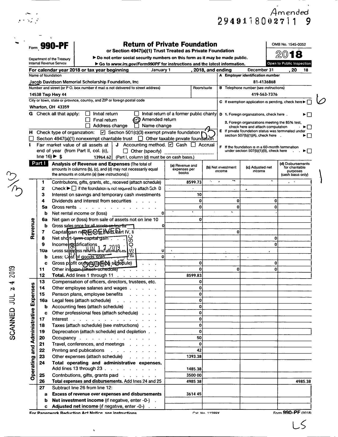 Image of first page of 2018 Form 990PF for Jacob Davidson Memorial Scholarship Foundation