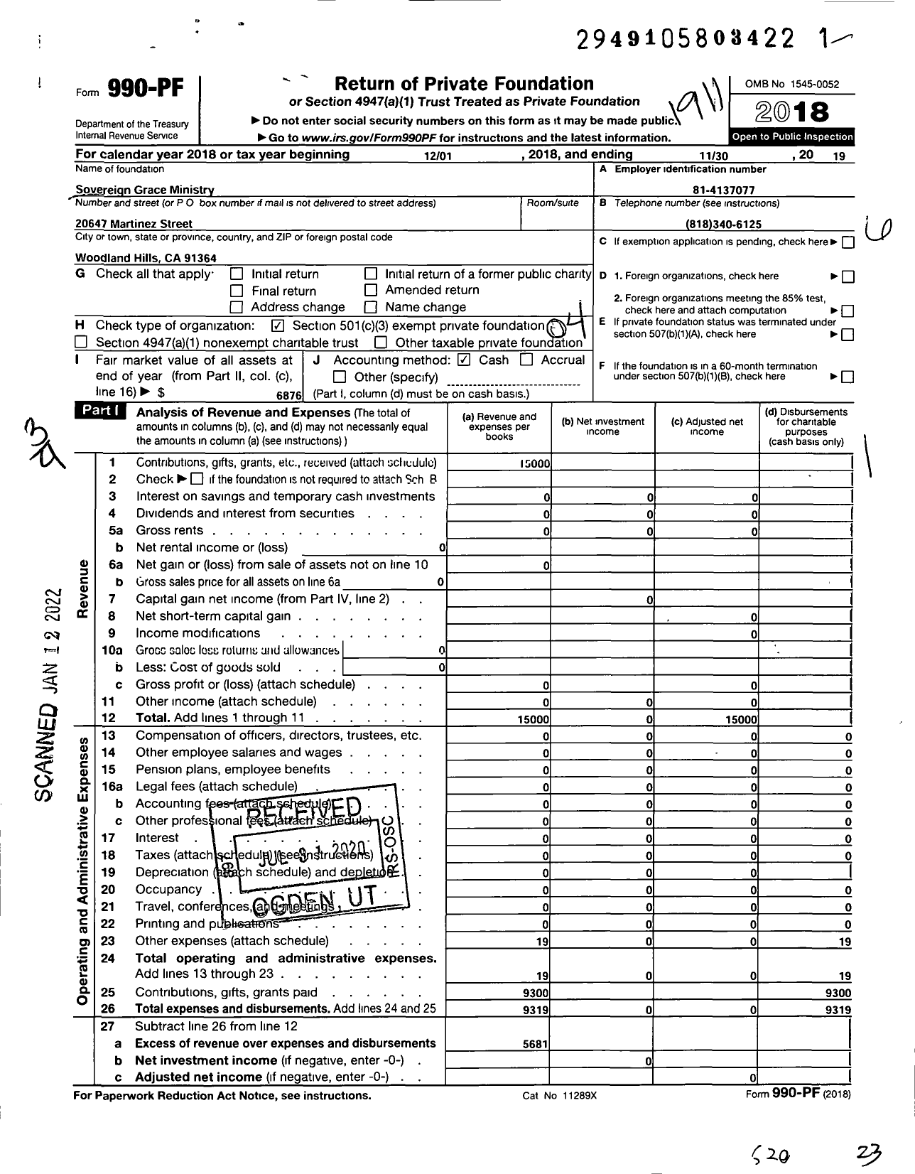 Image of first page of 2018 Form 990PF for Sovereign Grace Ministry