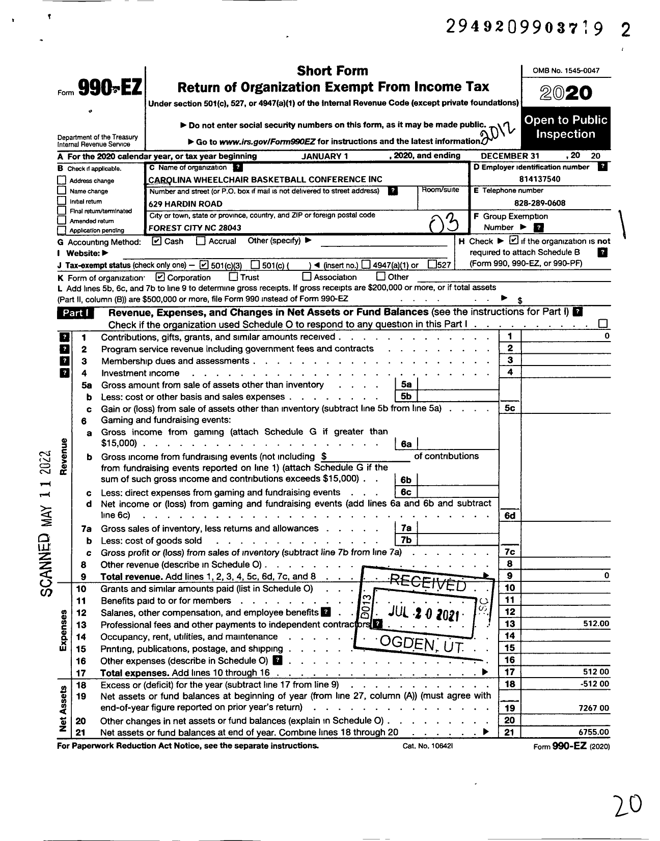 Image of first page of 2020 Form 990EZ for Carolina Wheelchair Basketball Conference