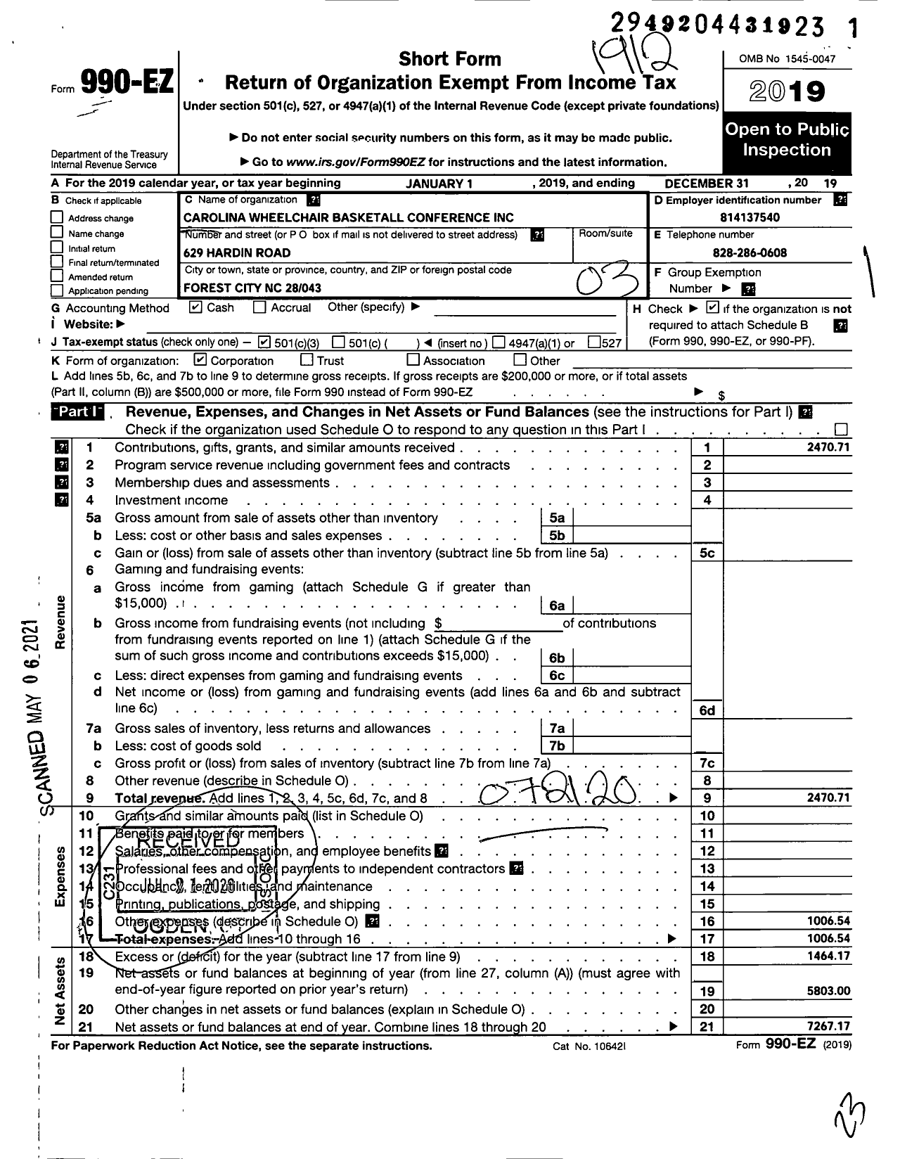 Image of first page of 2019 Form 990EZ for Carolina Wheelchair Basketball Conference