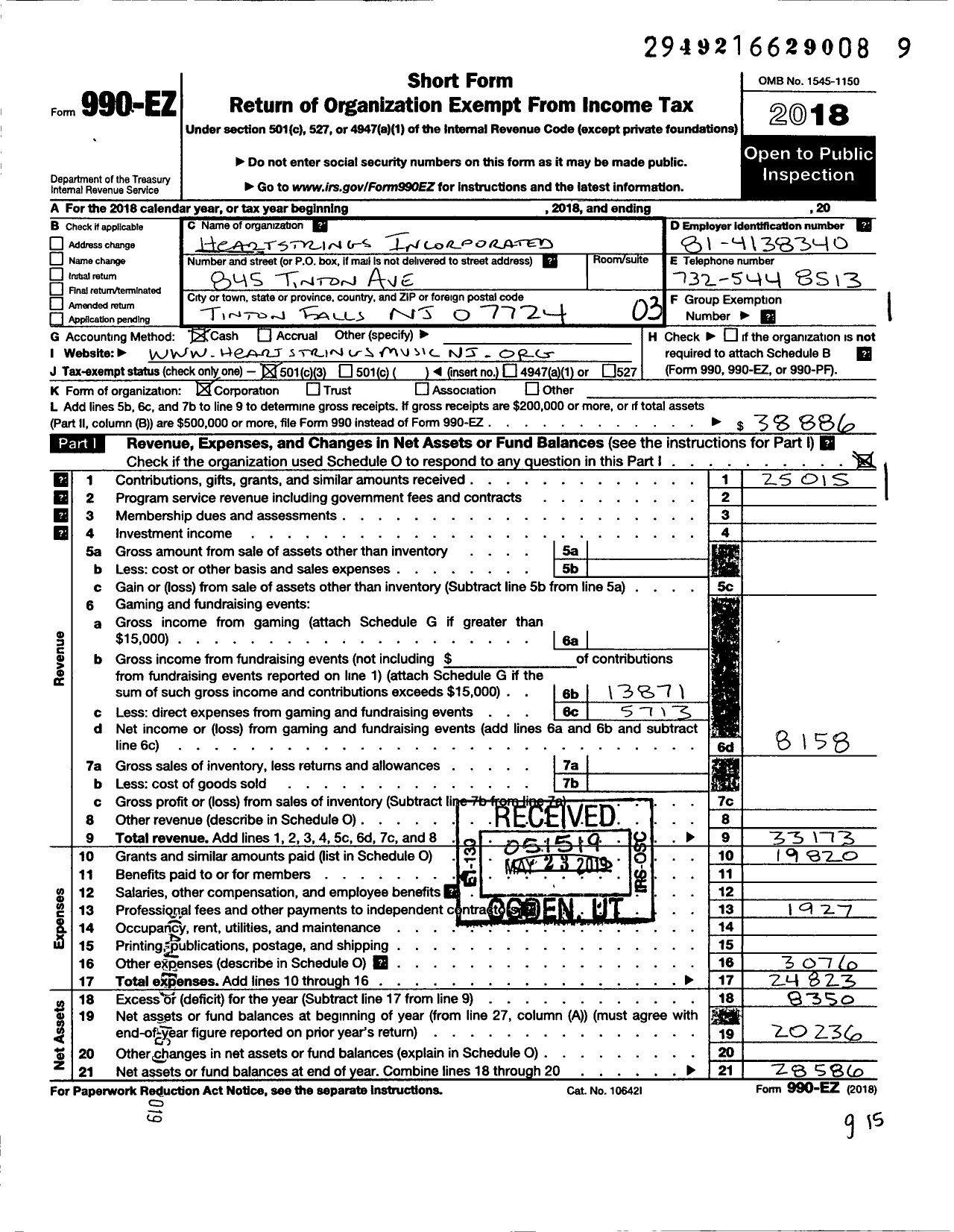 Image of first page of 2018 Form 990EZ for Heartstrings Incorporated