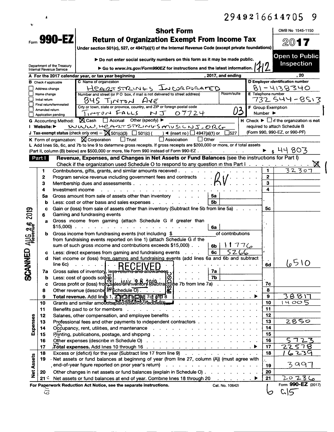 Image of first page of 2017 Form 990EZ for Heartstrings Incorporated