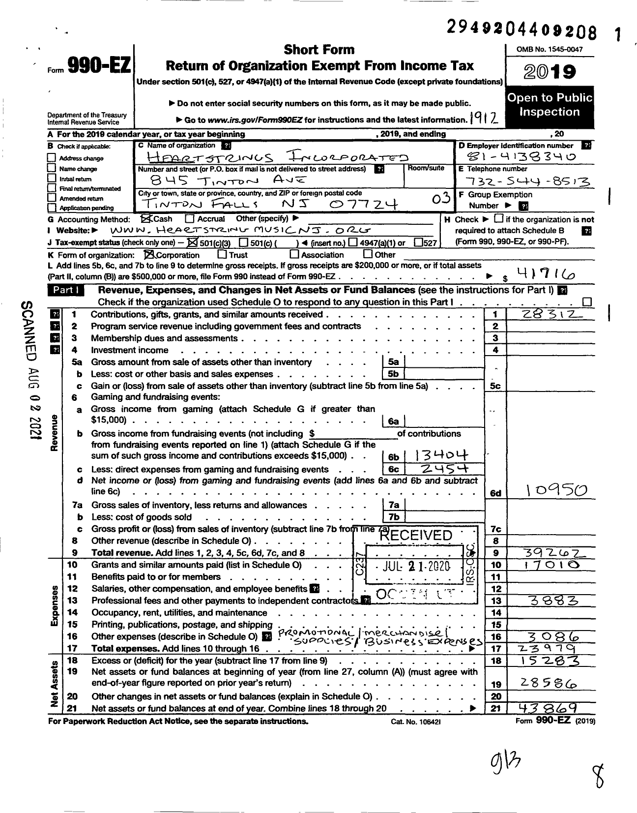 Image of first page of 2019 Form 990EZ for Heartstrings Incorporated