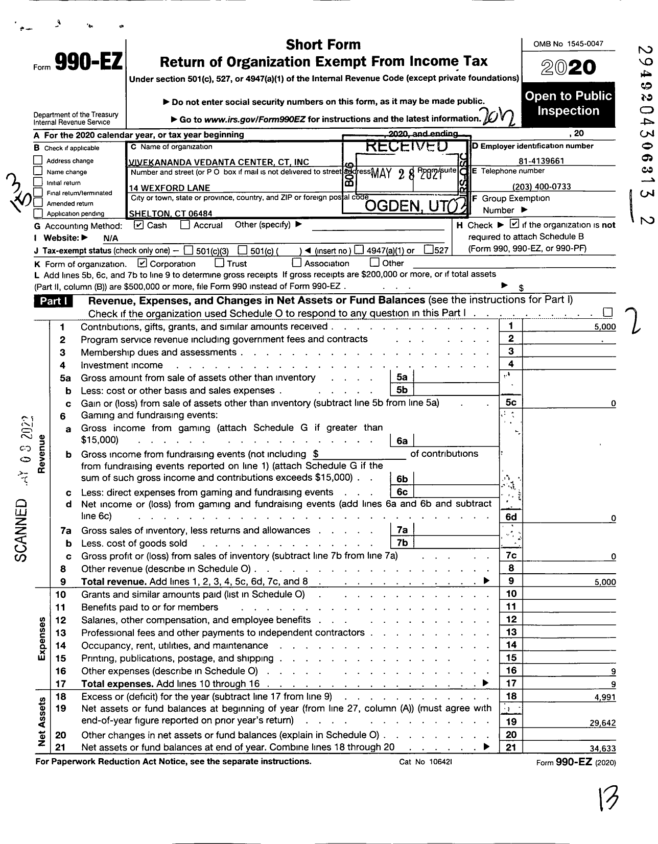 Image of first page of 2020 Form 990EZ for Vivekananda Vedanta Center CT