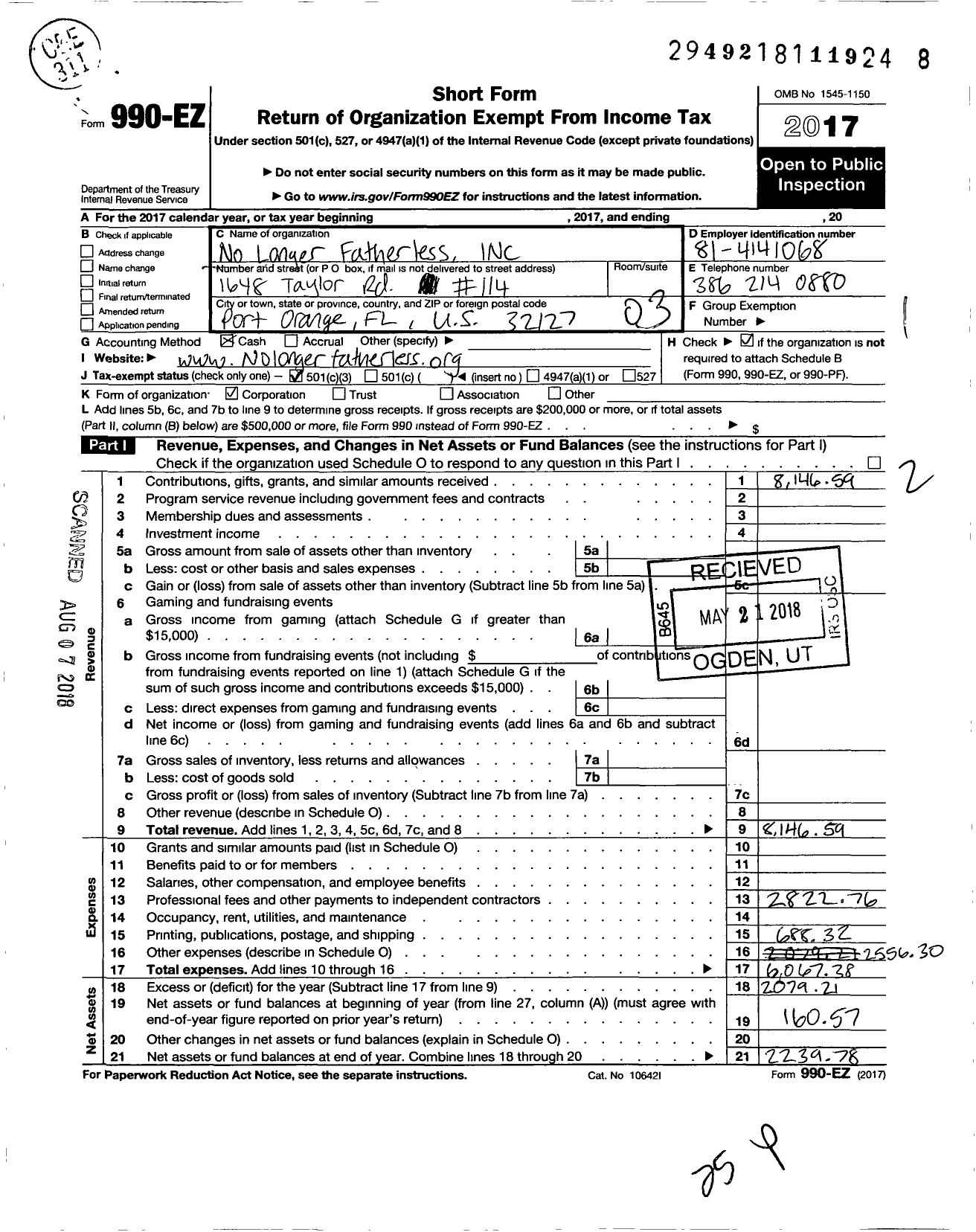 Image of first page of 2017 Form 990EZ for No Longer Fatherless