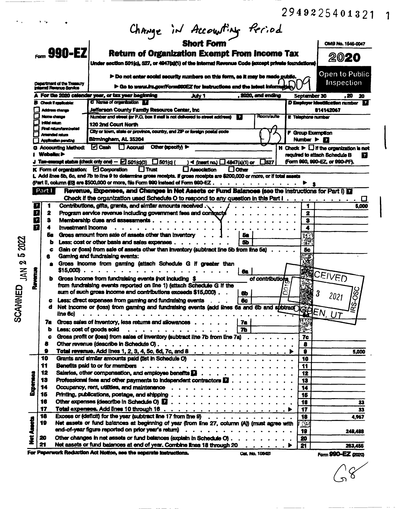 Image of first page of 2019 Form 990EZ for Jefferson County Family Resource Center