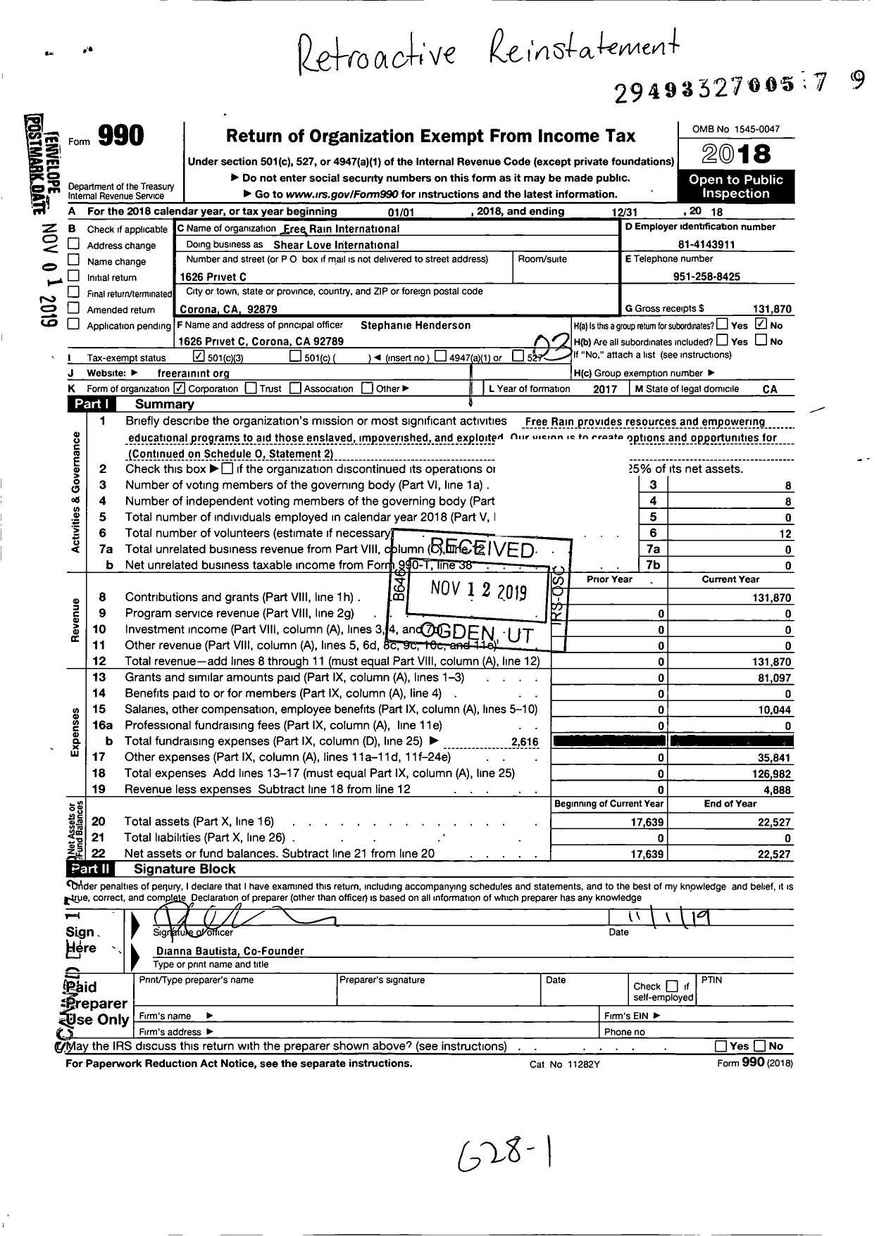 Image of first page of 2018 Form 990 for Shear Love International