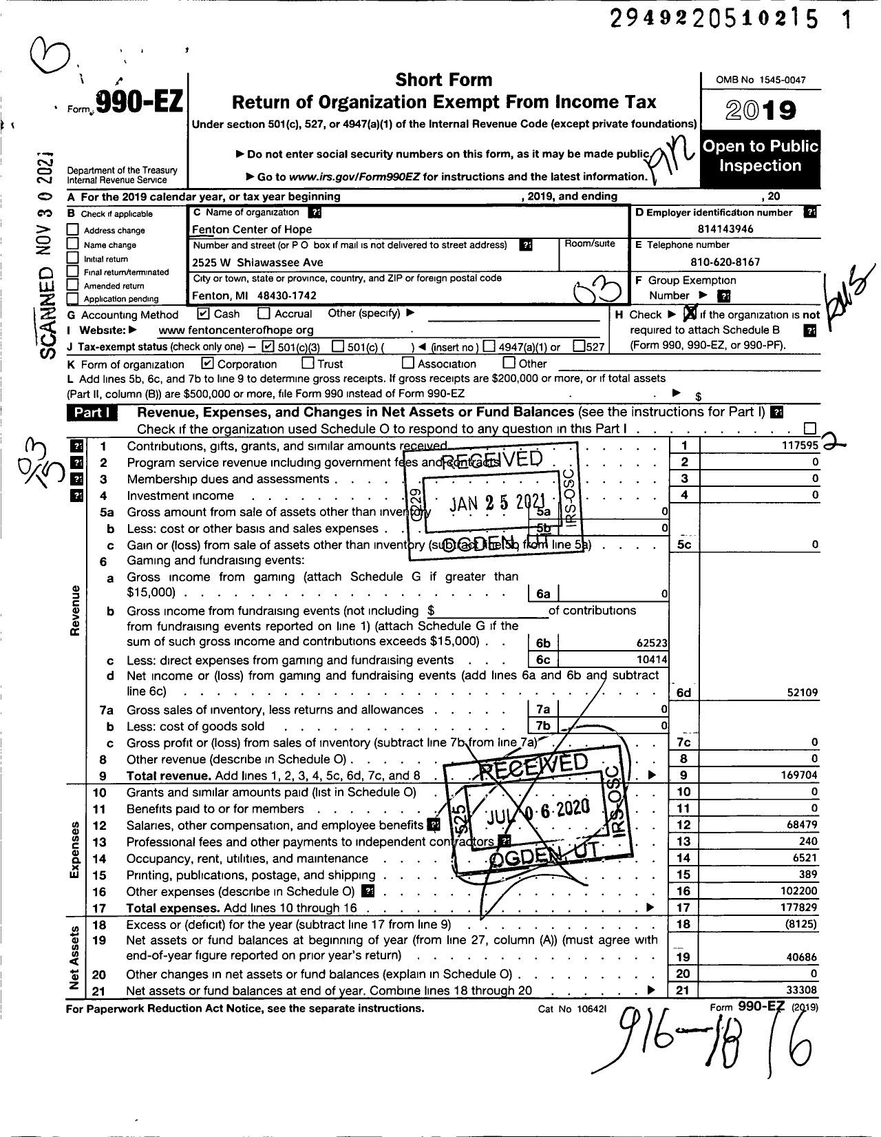 Image of first page of 2019 Form 990EZ for Fenton Center of Hope