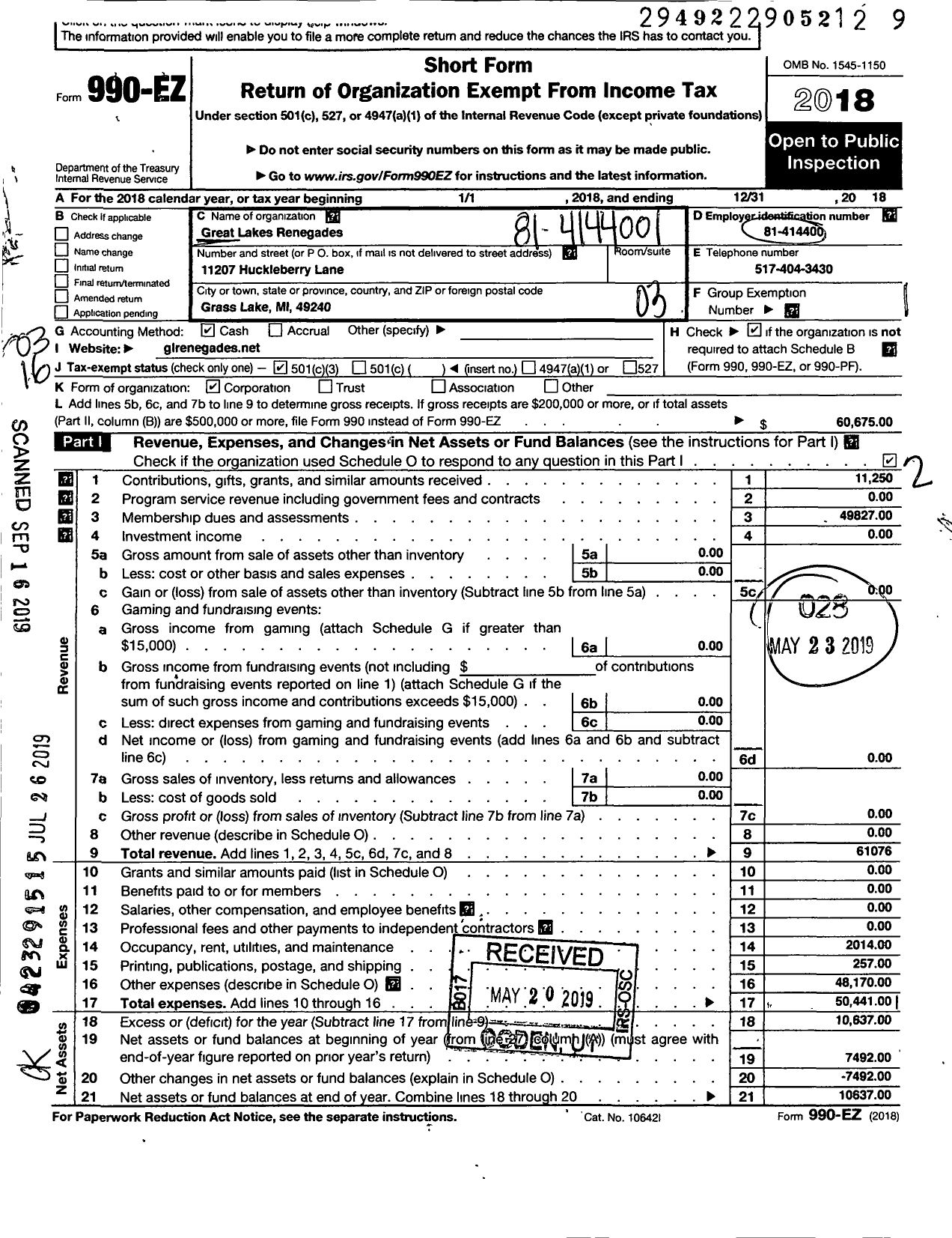 Image of first page of 2018 Form 990EZ for Great Lakes Renegades