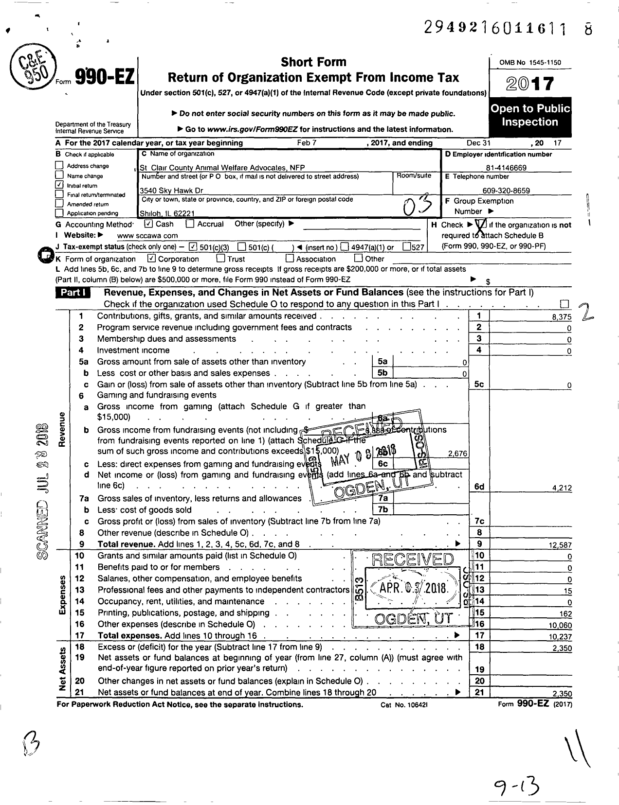 Image of first page of 2017 Form 990EZ for St Clair County Animal Welfare Advocates