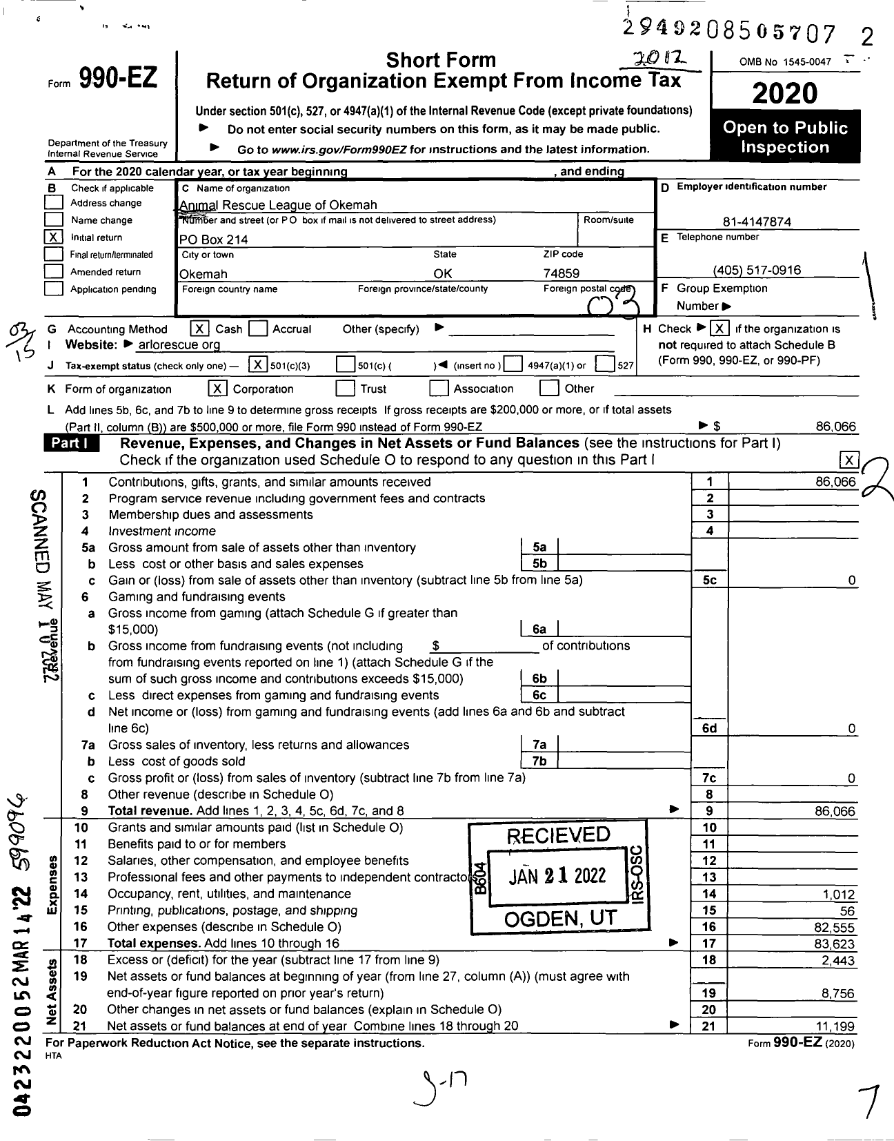 Image of first page of 2020 Form 990EZ for Animal Rescue League of Okemah