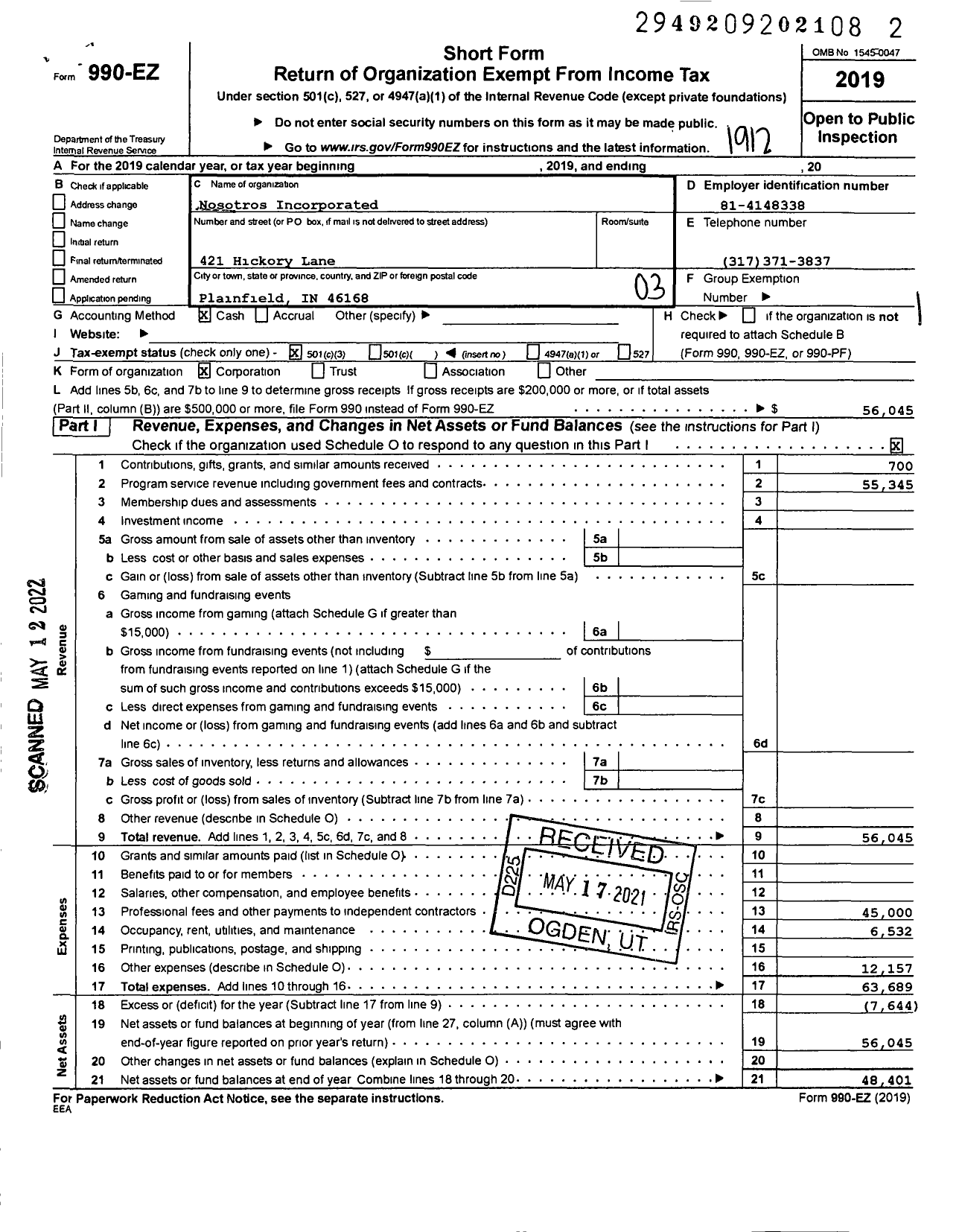 Image of first page of 2019 Form 990EZ for Nosotros Incorporated