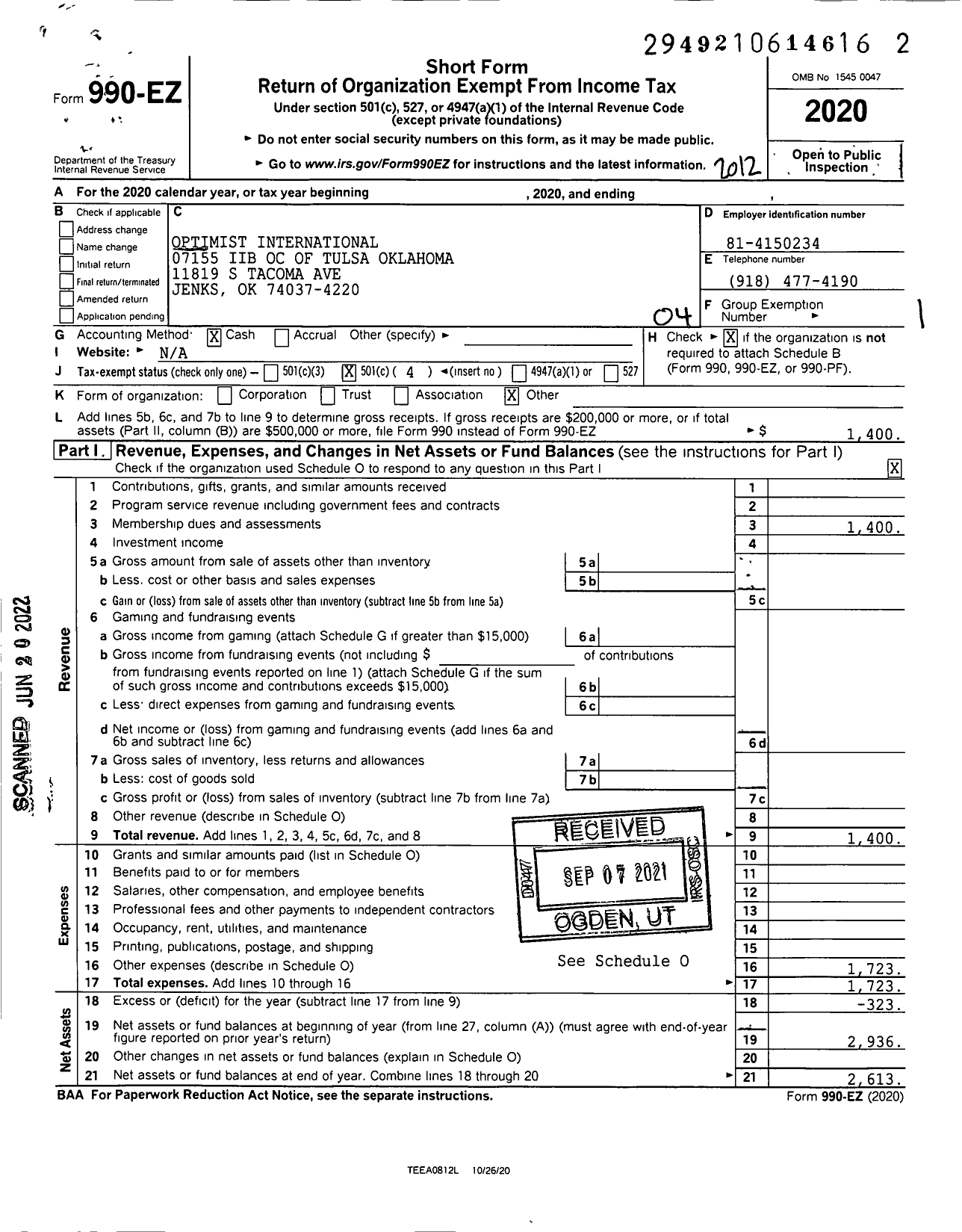 Image of first page of 2020 Form 990EO for Optimist International 07155 Iib Oc of Tulsa Oklahoma