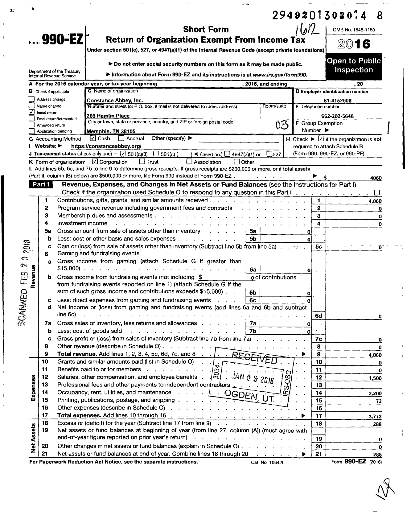 Image of first page of 2016 Form 990EZ for Constance Abbey