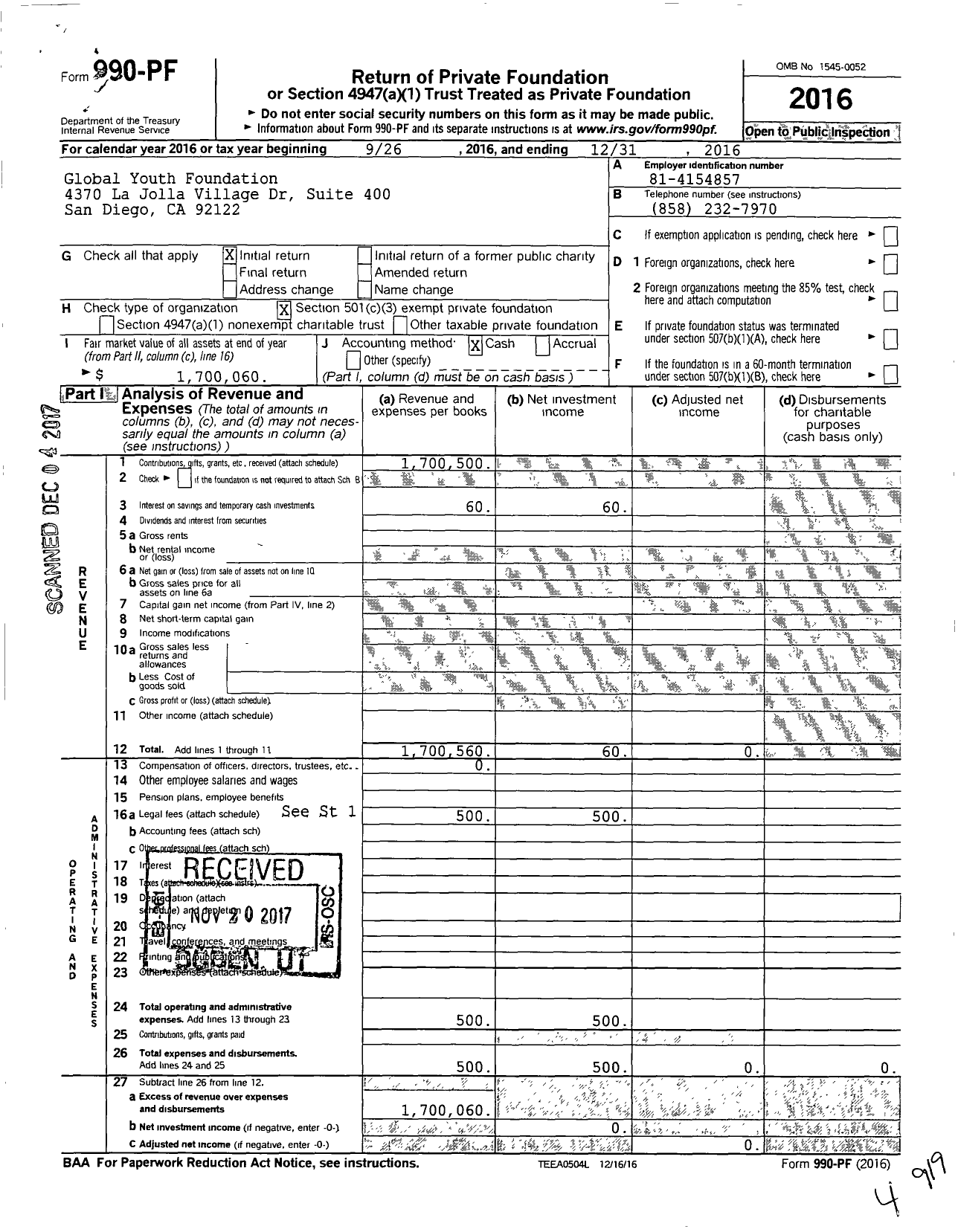 Image of first page of 2016 Form 990PF for Global Youth Foundation