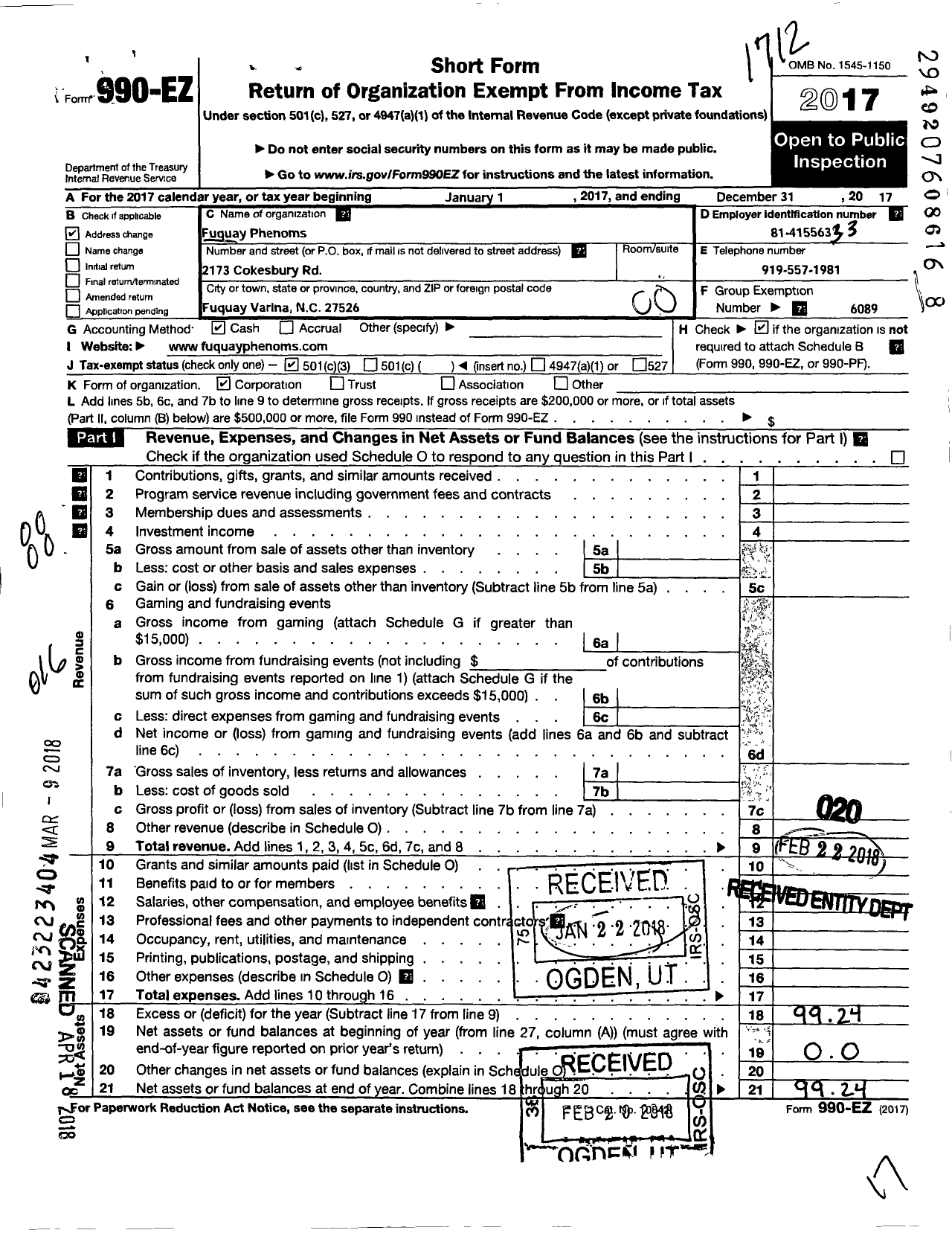 Image of first page of 2017 Form 990EO for Hartsell Athletic Association / Fuquay Phenoms