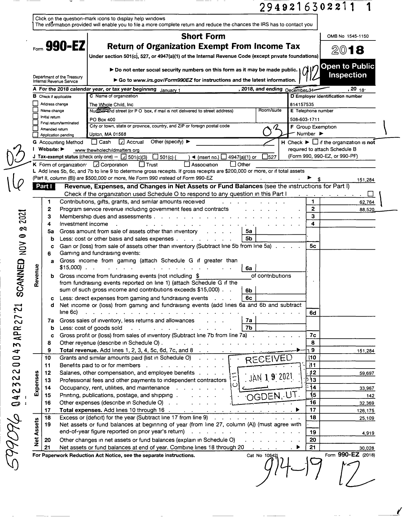 Image of first page of 2019 Form 990EZ for Whole Child