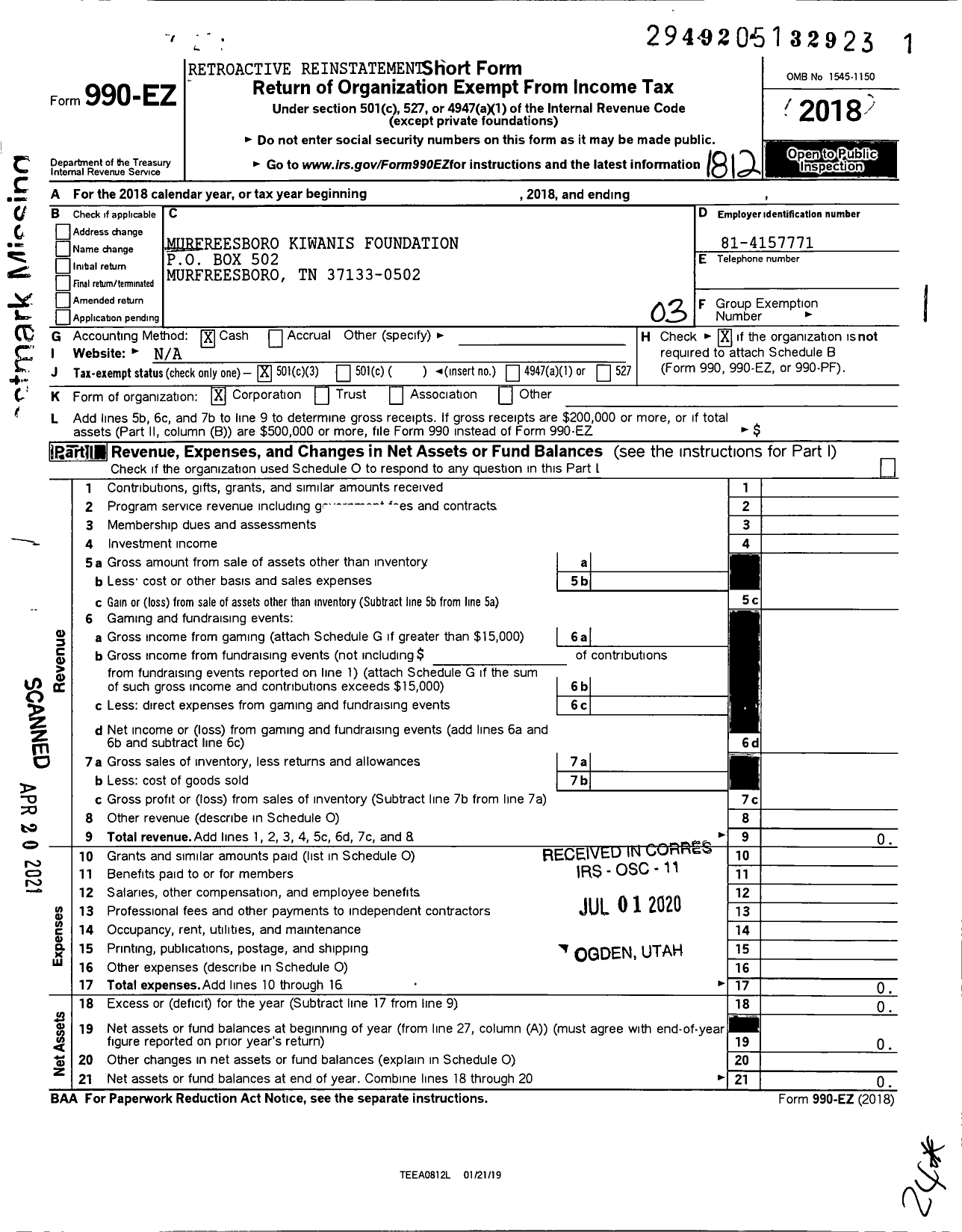 Image of first page of 2018 Form 990EZ for Murfreesboro Kiwanis Foundation