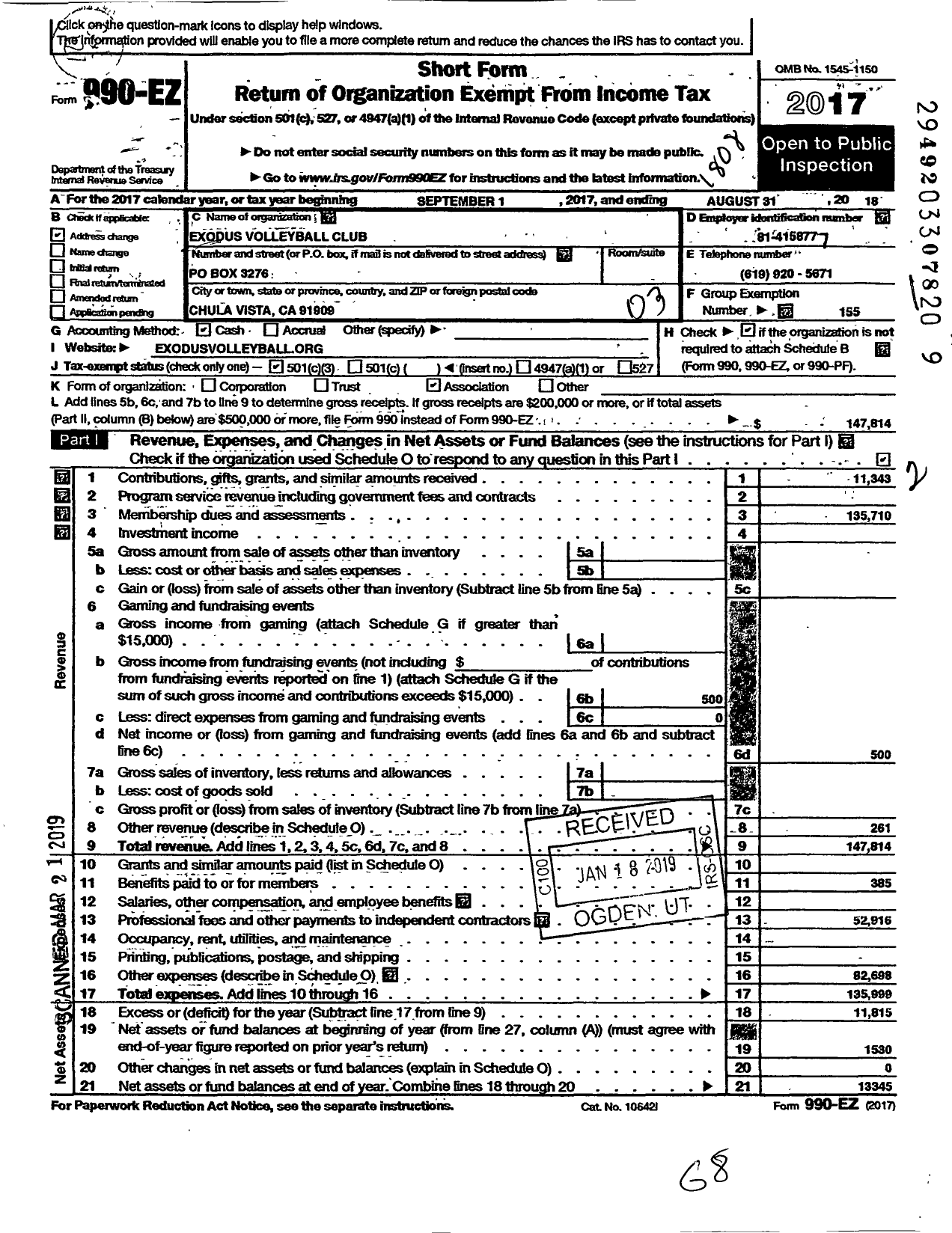 Image of first page of 2017 Form 990EZ for Amateur Athletic Union - Exodus Volleyball Club