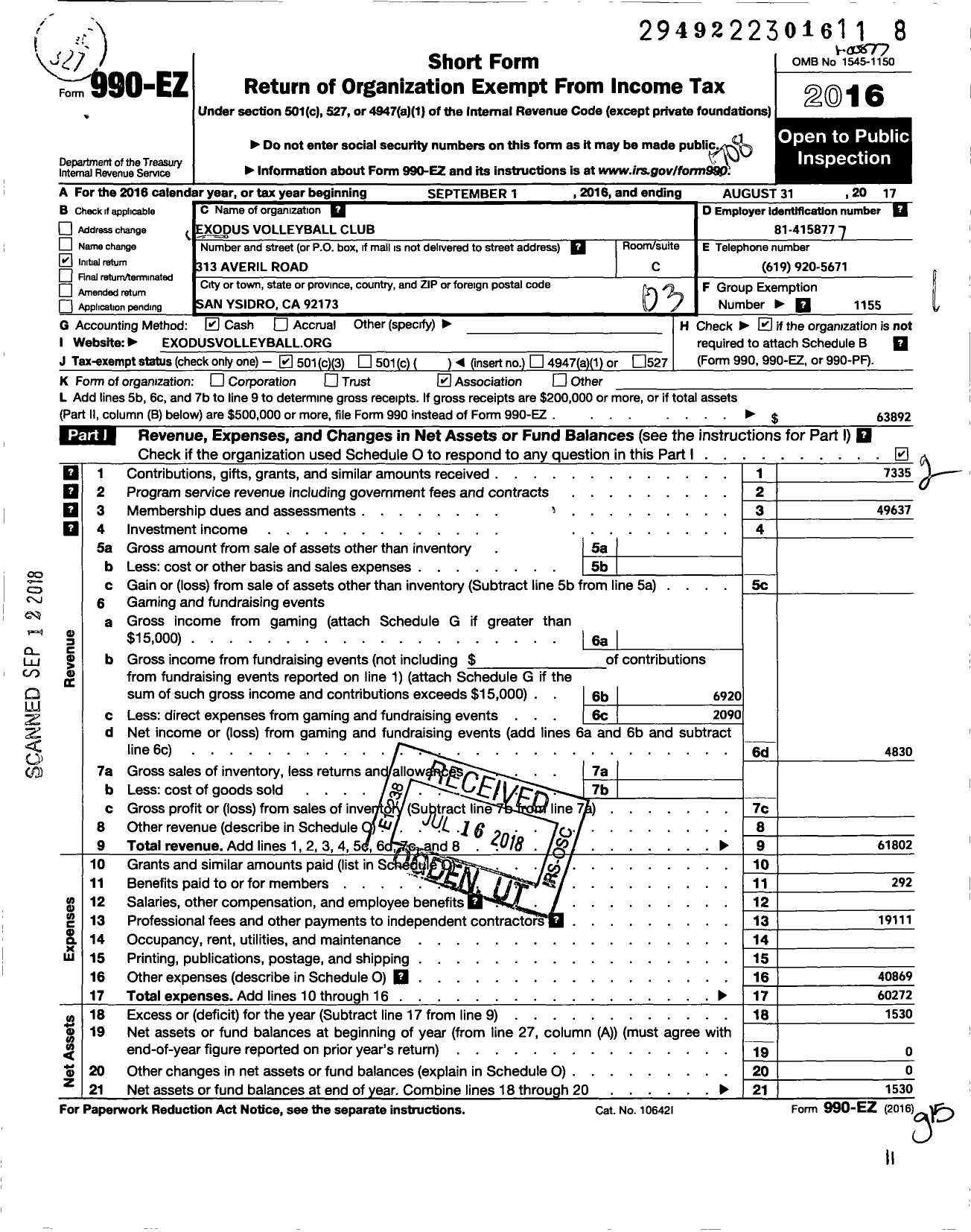 Image of first page of 2016 Form 990EZ for Amateur Athletic Union - Exodus Volleyball Club