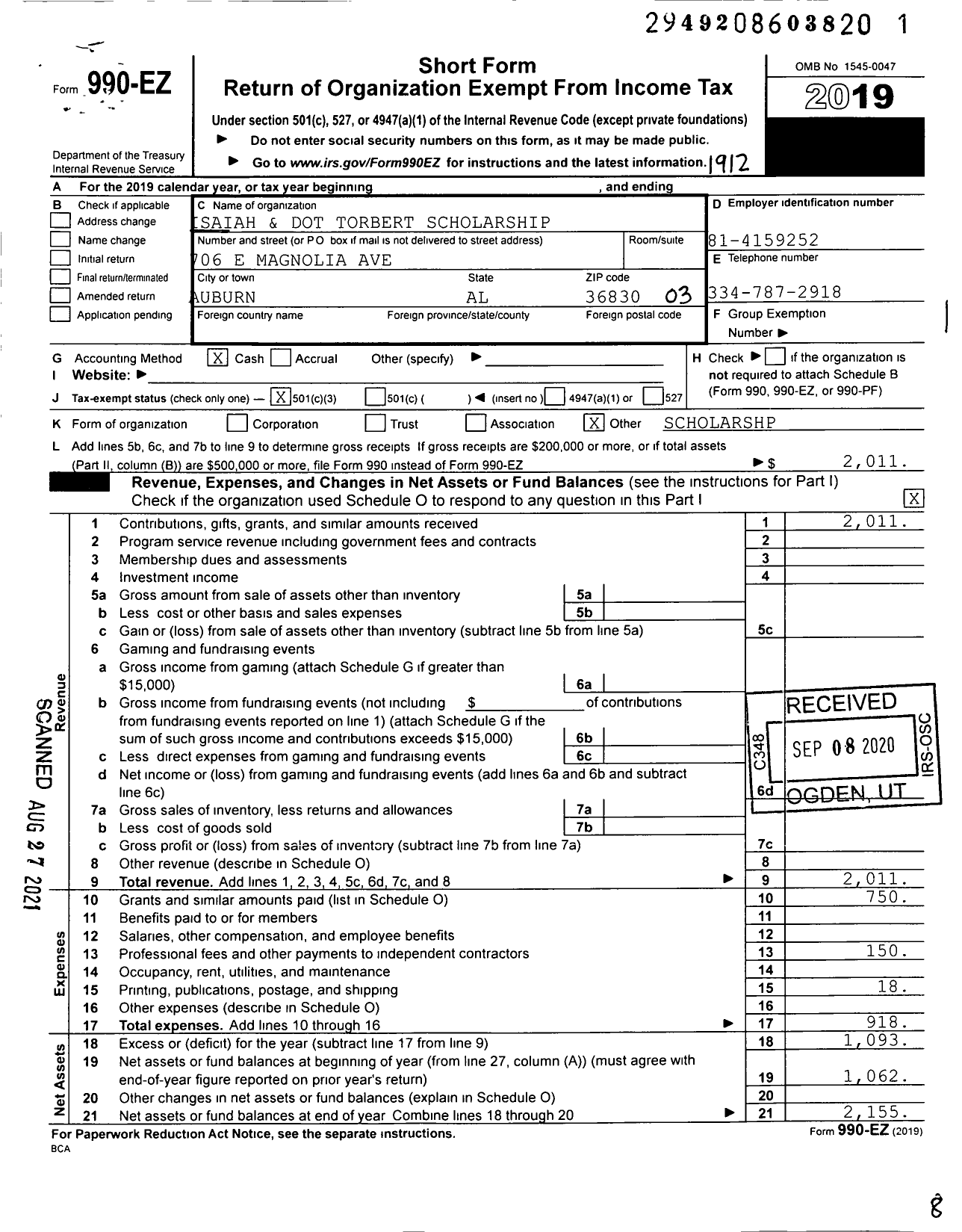 Image of first page of 2019 Form 990EZ for Isaiah and Dot Torbert Scholarship