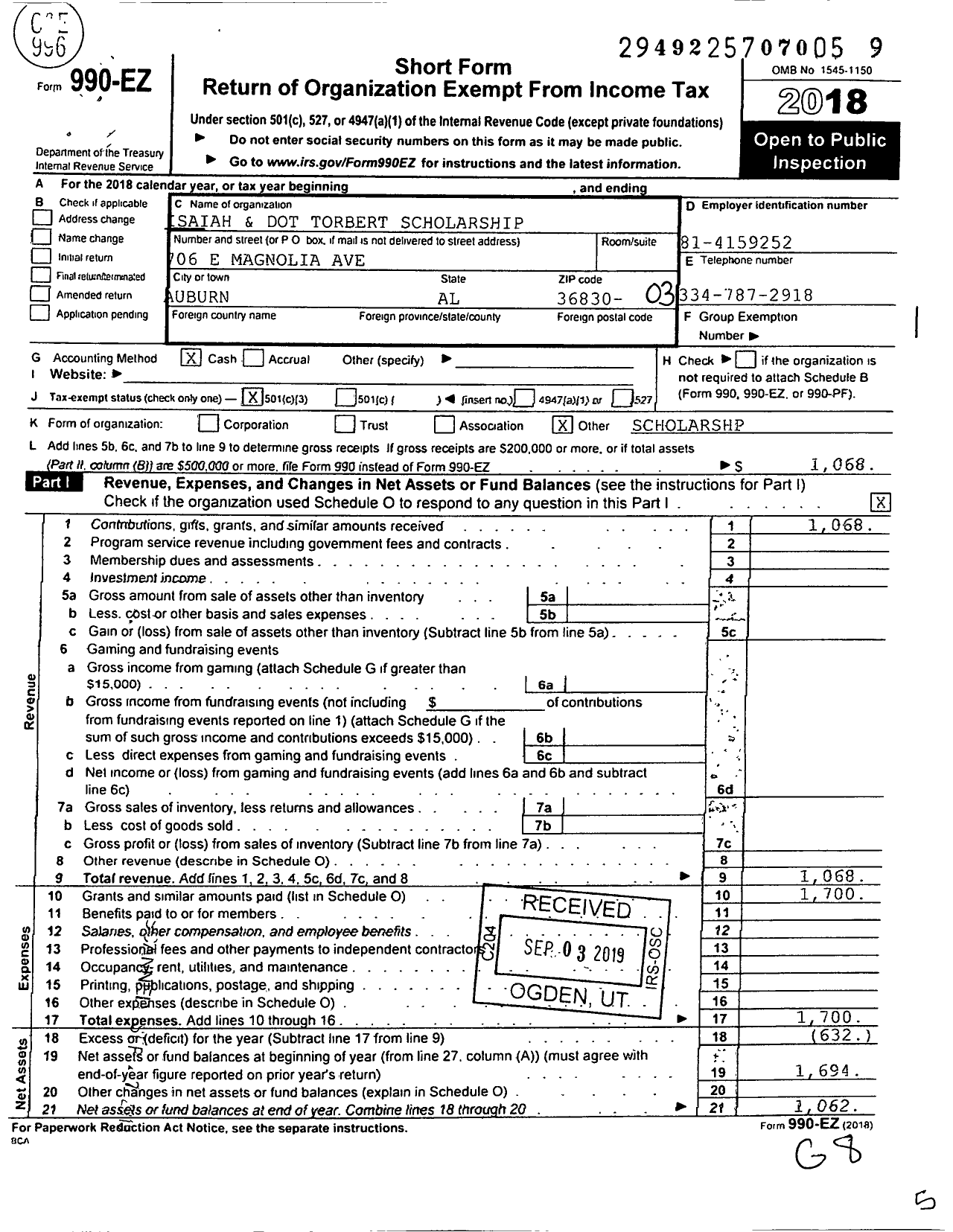 Image of first page of 2018 Form 990EZ for Isaiah and Dot Torbert Scholarship