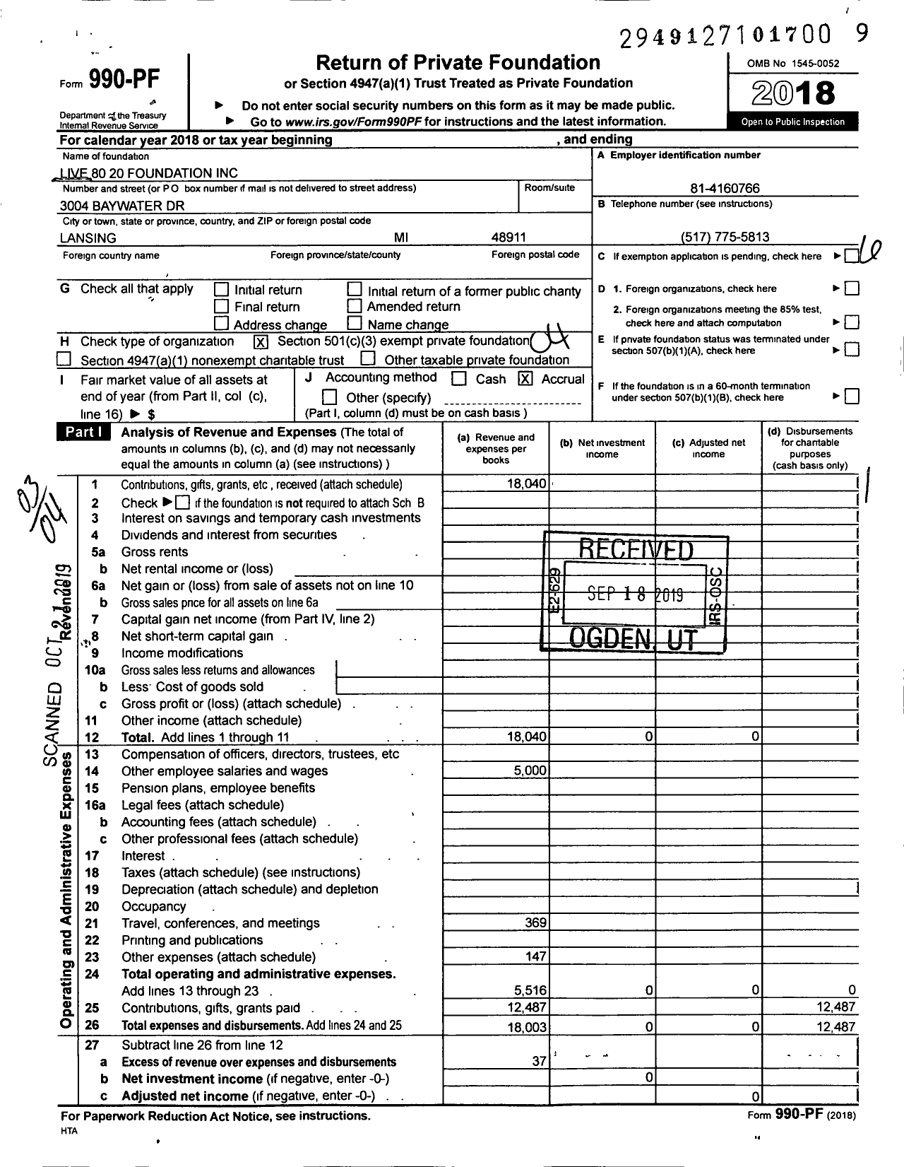 Image of first page of 2018 Form 990PF for Live 80-20 Foundation