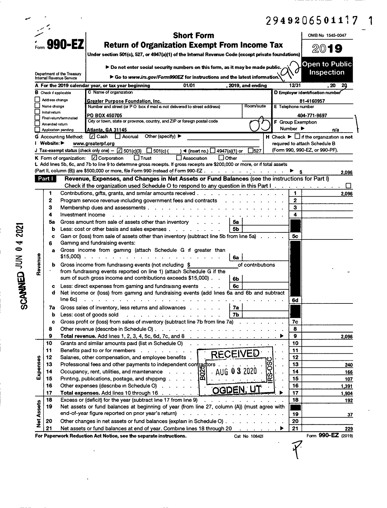 Image of first page of 2019 Form 990EZ for Greater Purpose Foundation