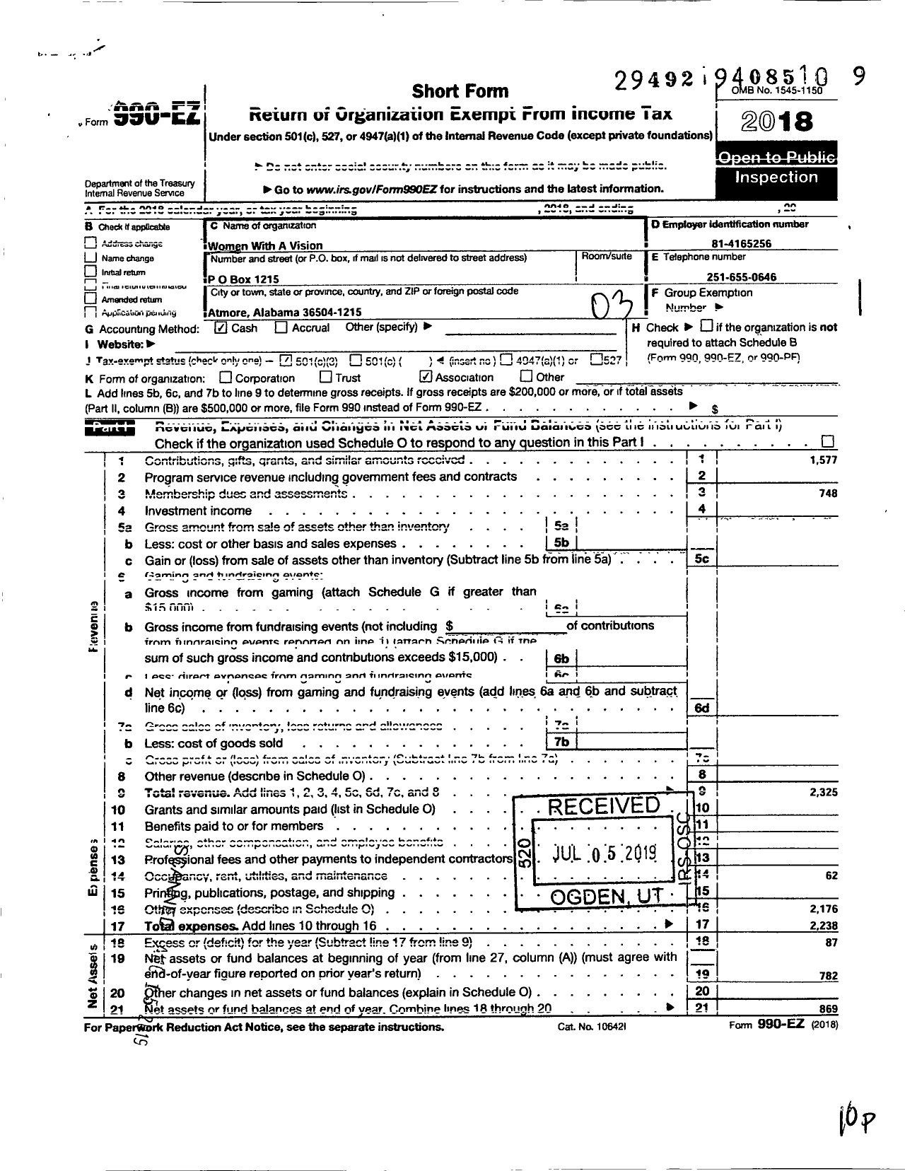 Image of first page of 2018 Form 990EZ for Women with A Vision