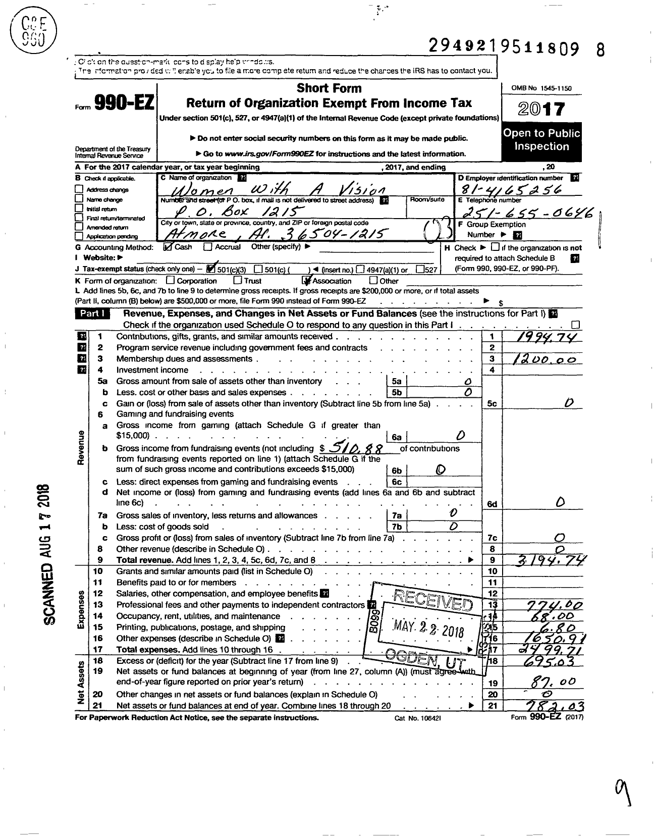 Image of first page of 2017 Form 990EZ for Women with A Vision