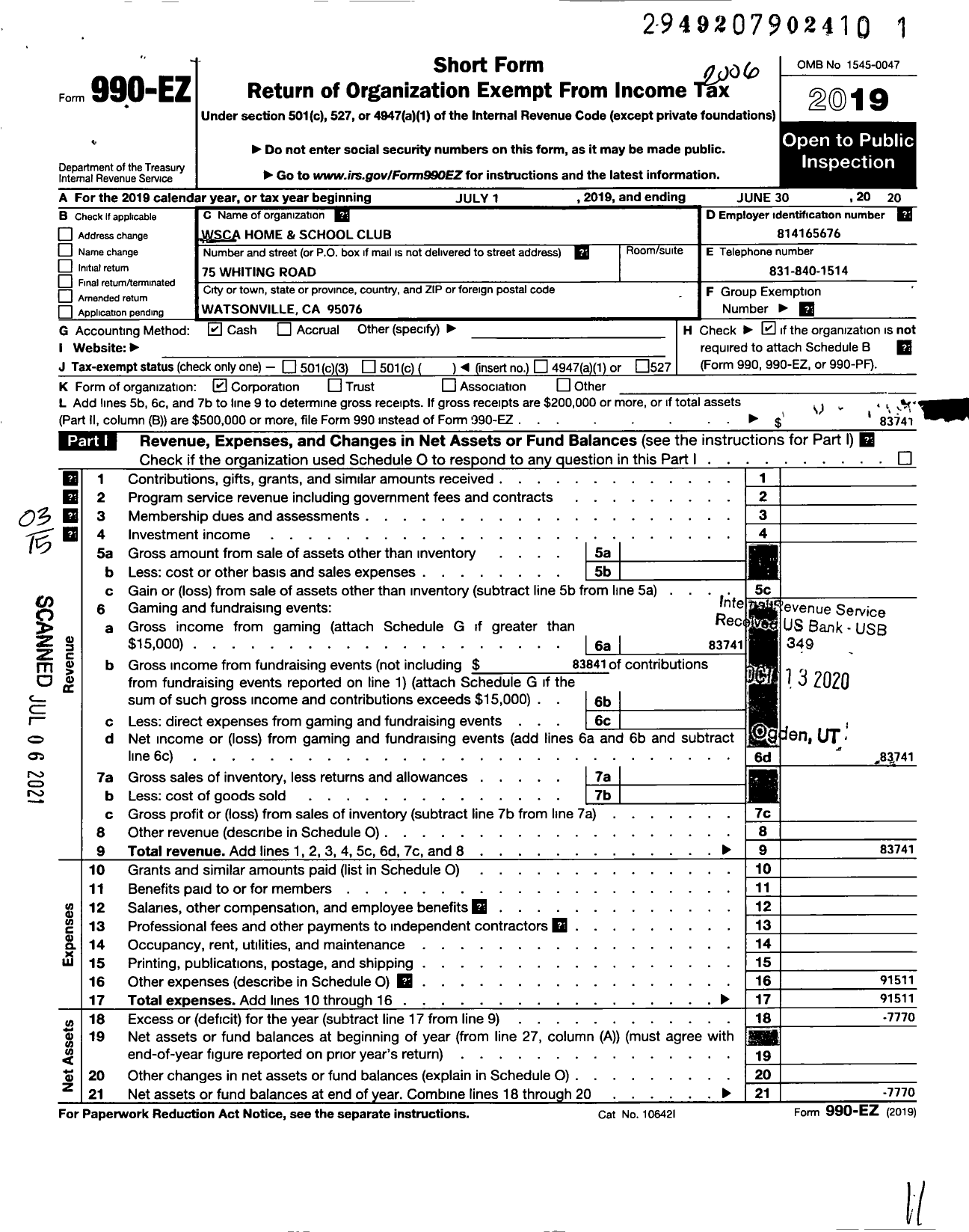 Image of first page of 2019 Form 990EZ for Watsonville Charter School of the Arts Home and School Club