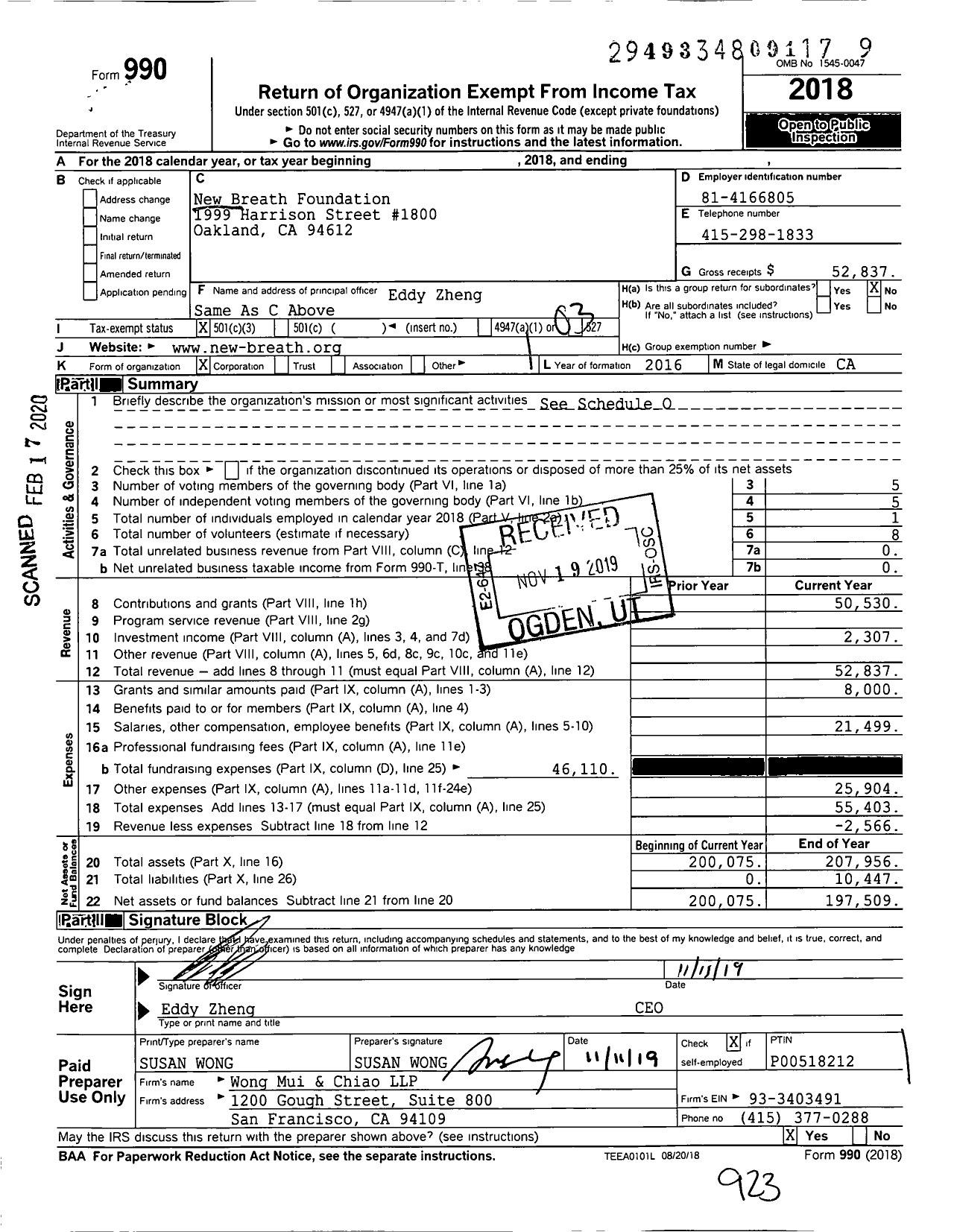 Image of first page of 2018 Form 990 for New Breath Foundation