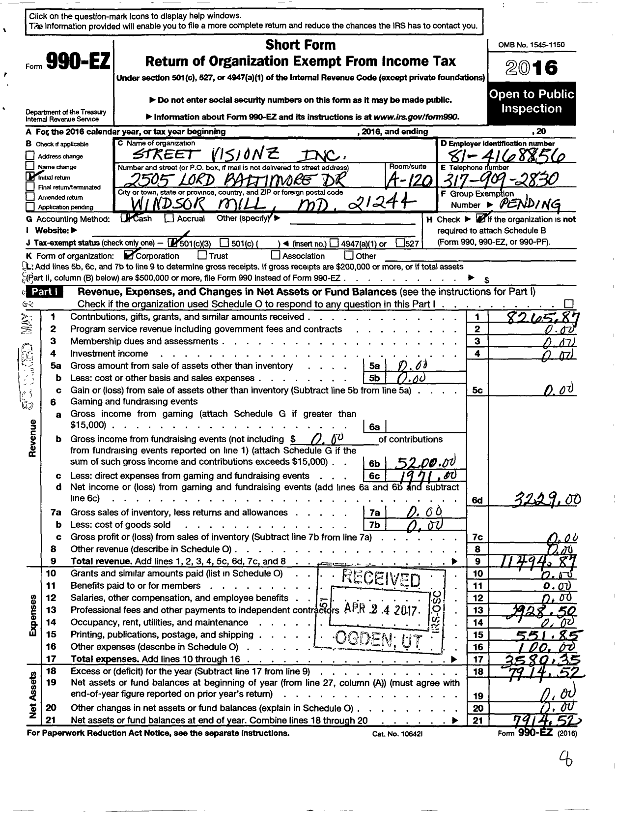 Image of first page of 2016 Form 990EZ for Street Visionz