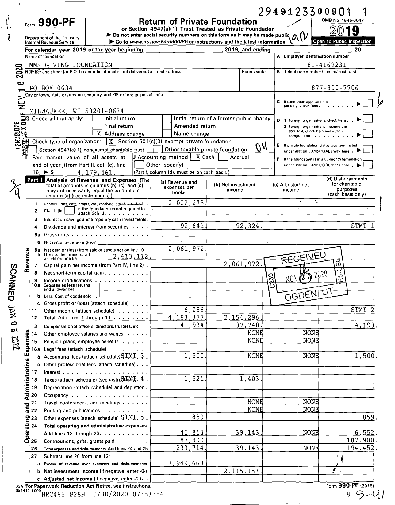 Image of first page of 2019 Form 990PF for MMS Giving Foundation