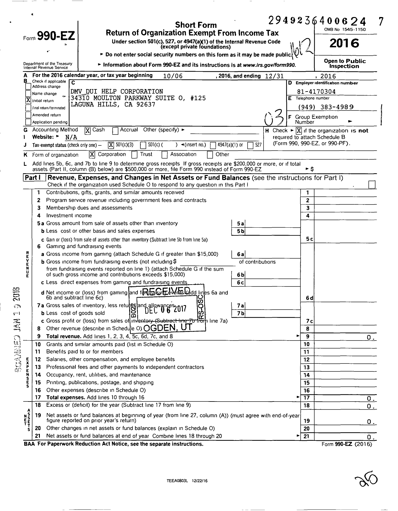 Image of first page of 2016 Form 990EZ for Dui Helpline Corporation