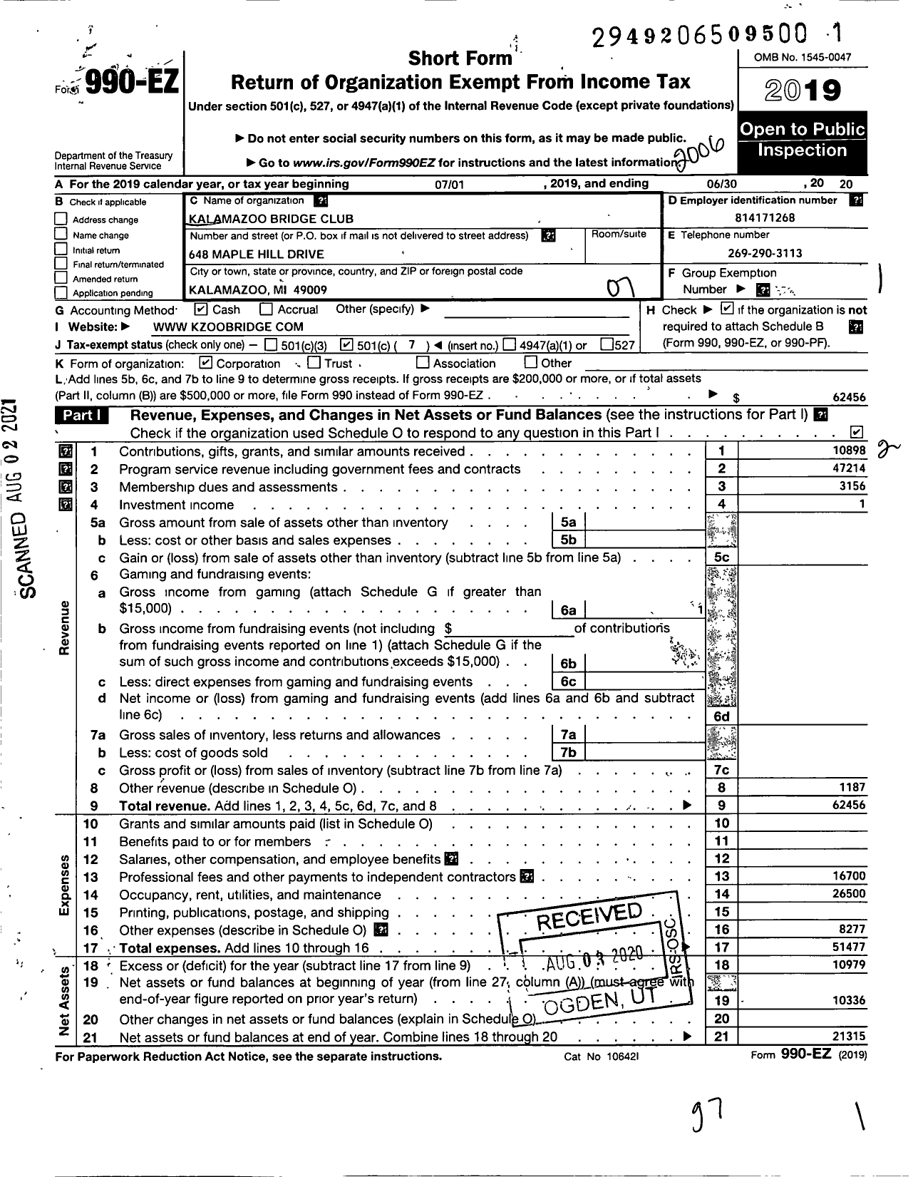 Image of first page of 2019 Form 990EO for Kalamazoo Bridge Club