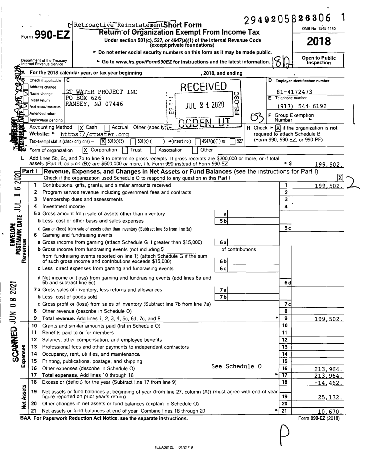 Image of first page of 2018 Form 990EZ for GT Water Project