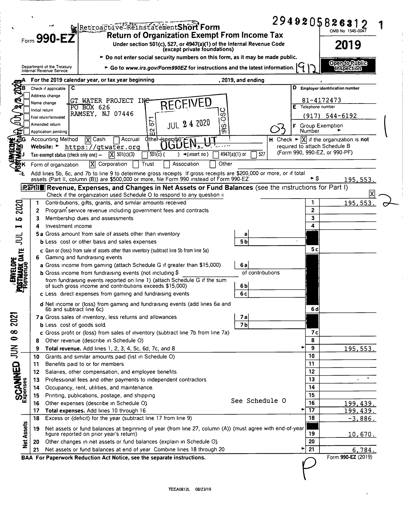 Image of first page of 2019 Form 990EZ for GT Water Project