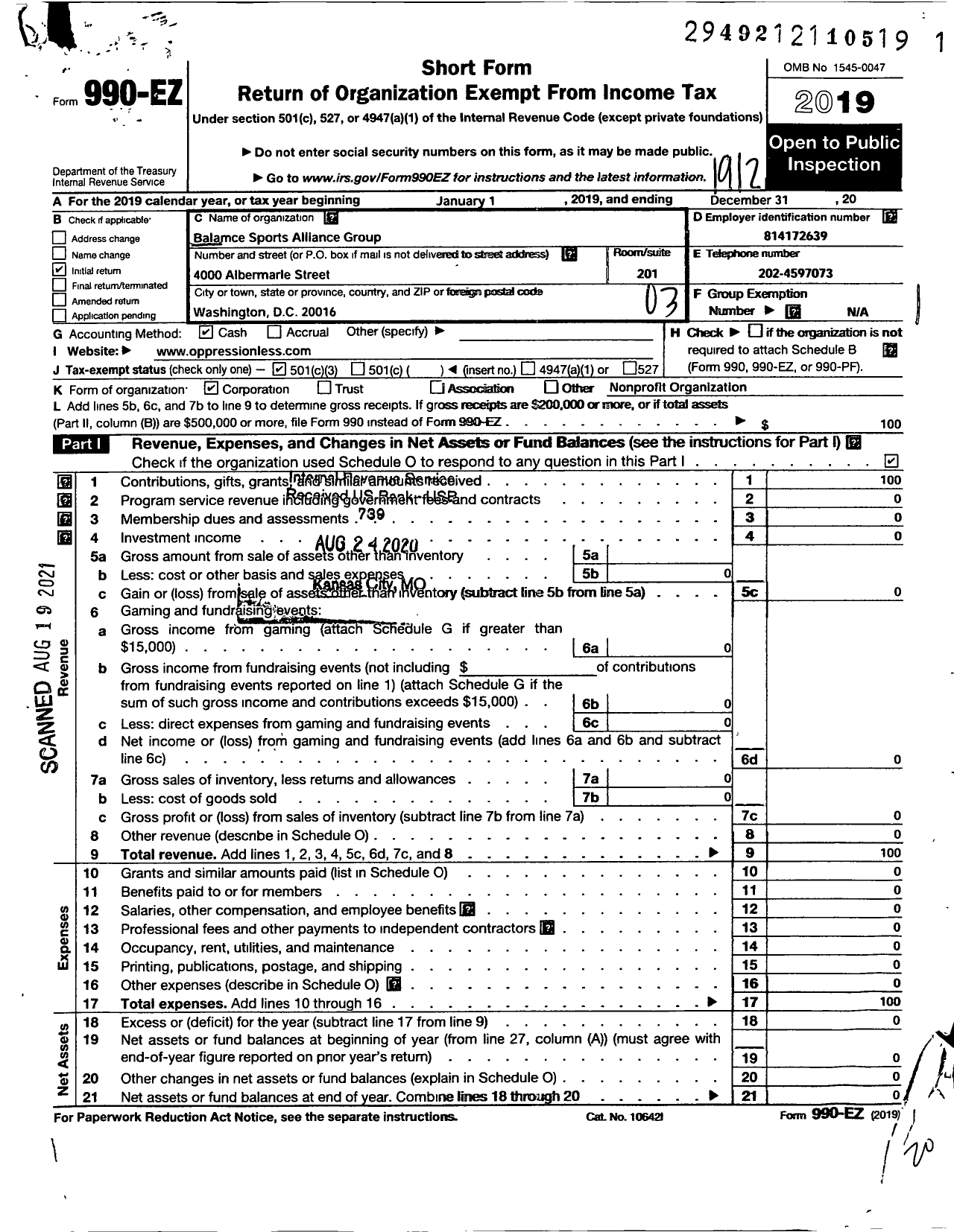 Image of first page of 2019 Form 990EZ for Balance Sports Alliance Group